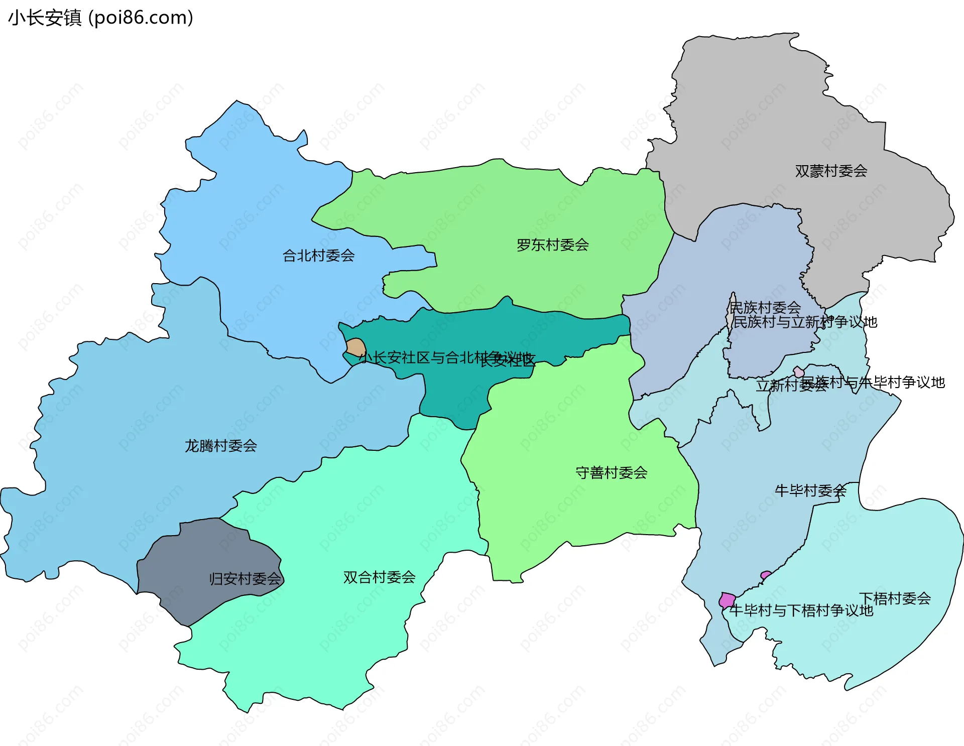 小长安镇边界地图(五级行政区划)