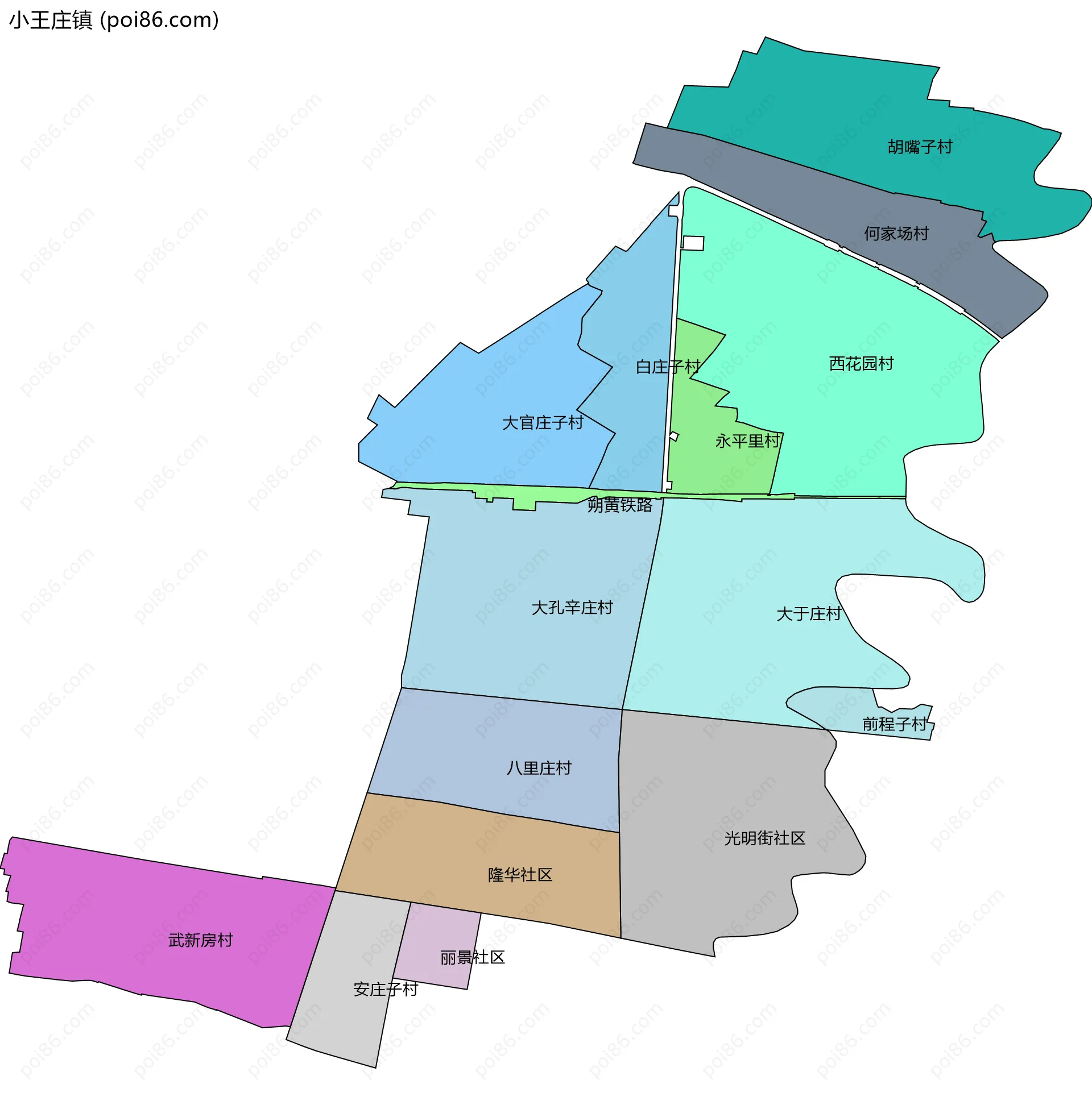 小王庄镇边界地图(五级行政区划)