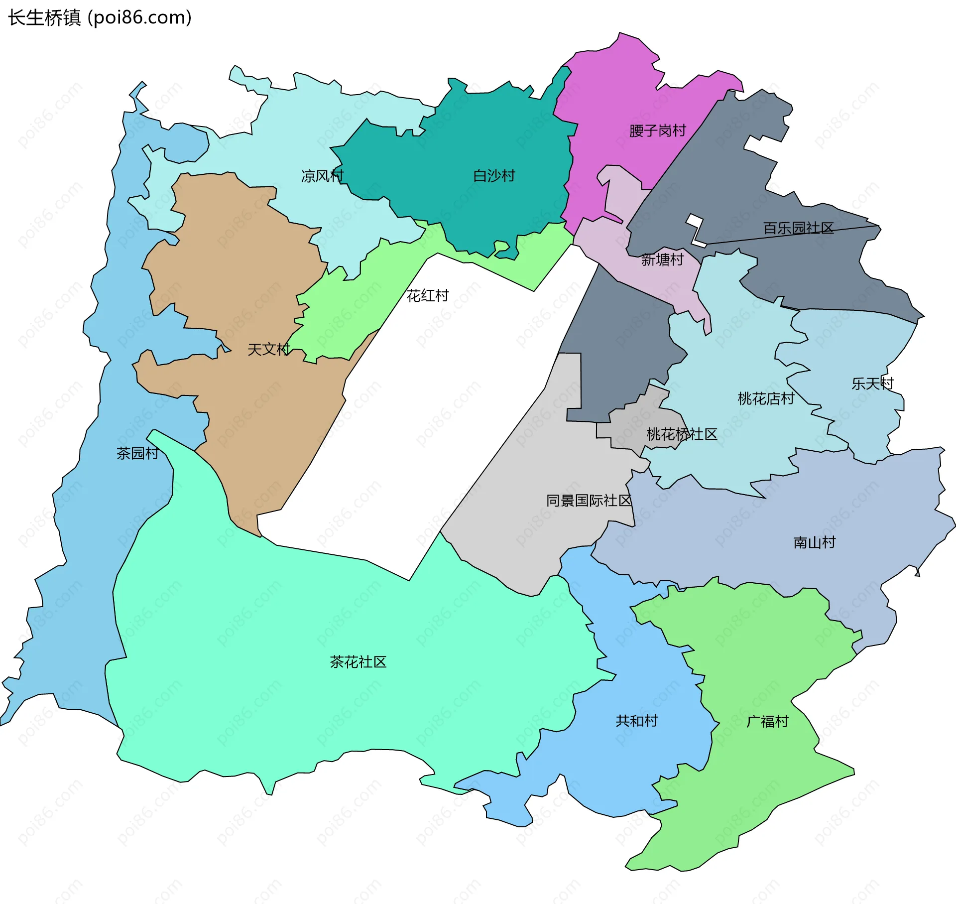 长生桥镇边界地图(五级行政区划)
