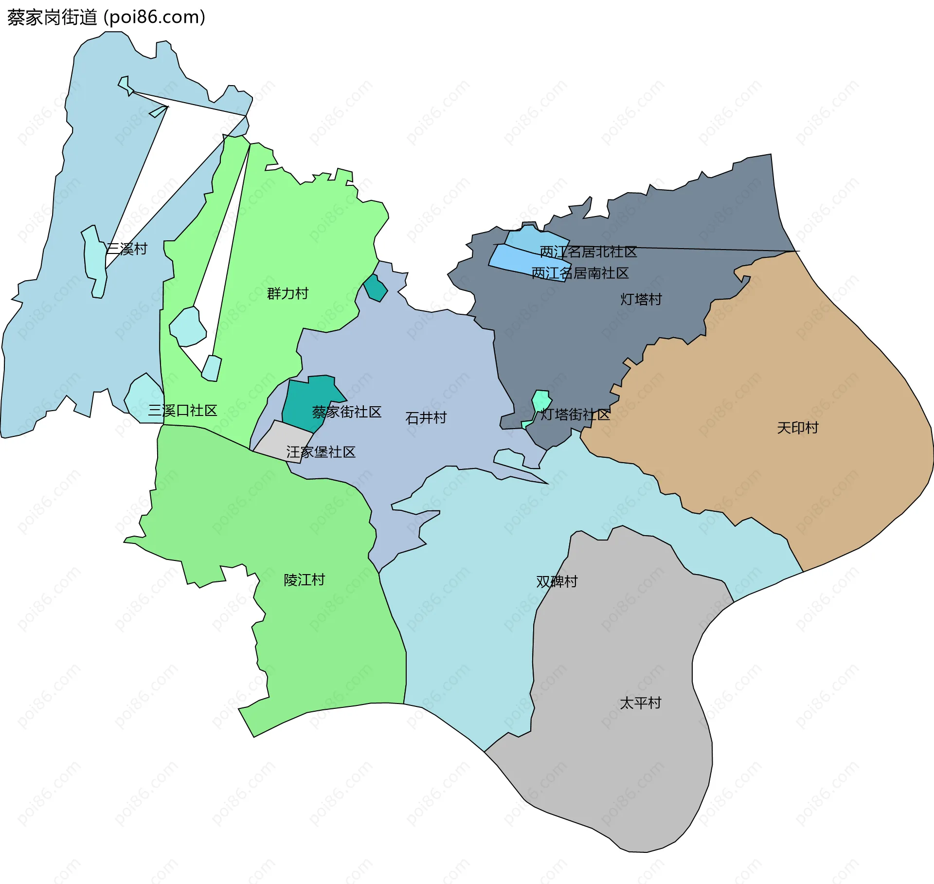 蔡家岗街道边界地图(五级行政区划)