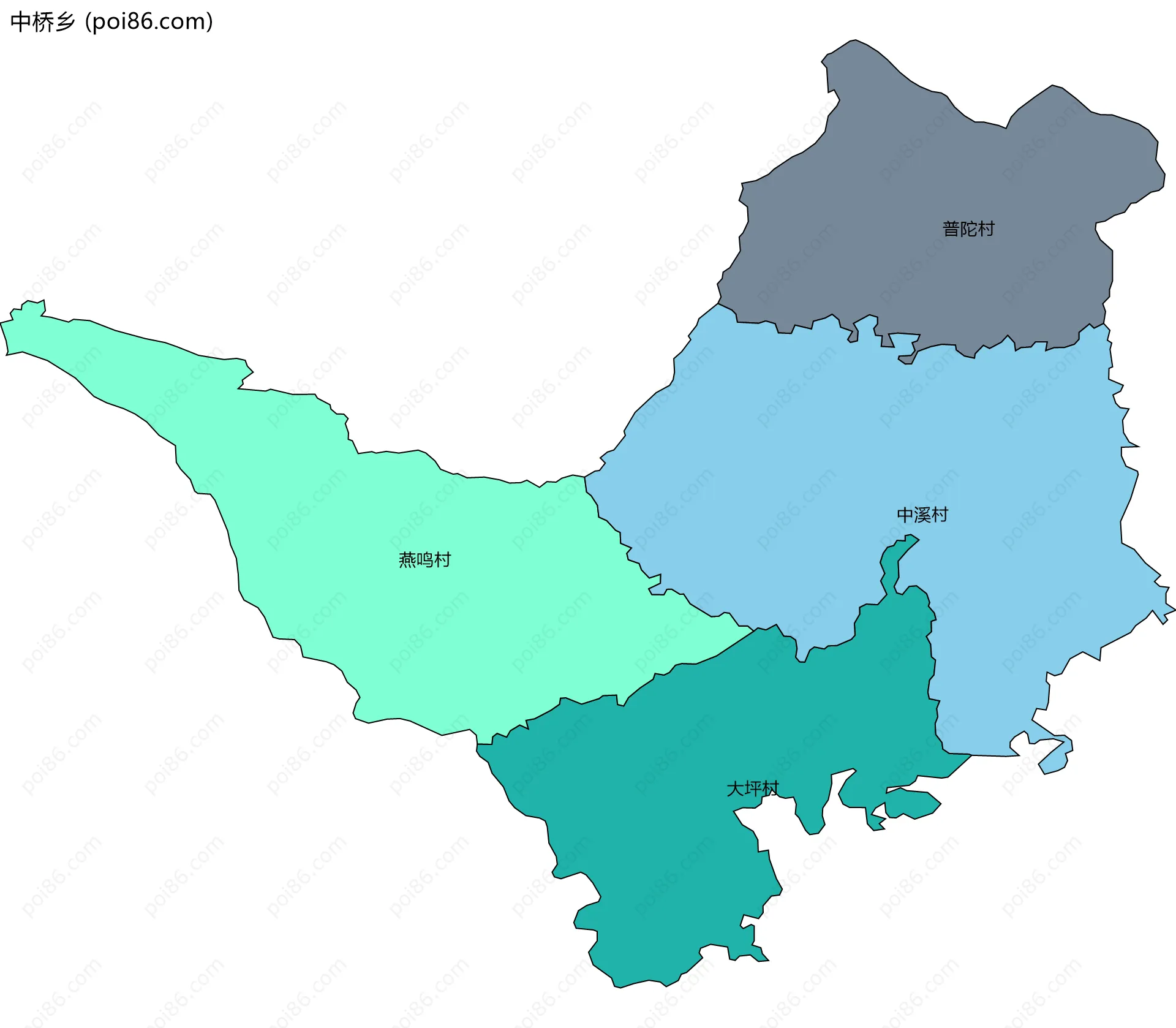 中桥乡边界地图(五级行政区划)