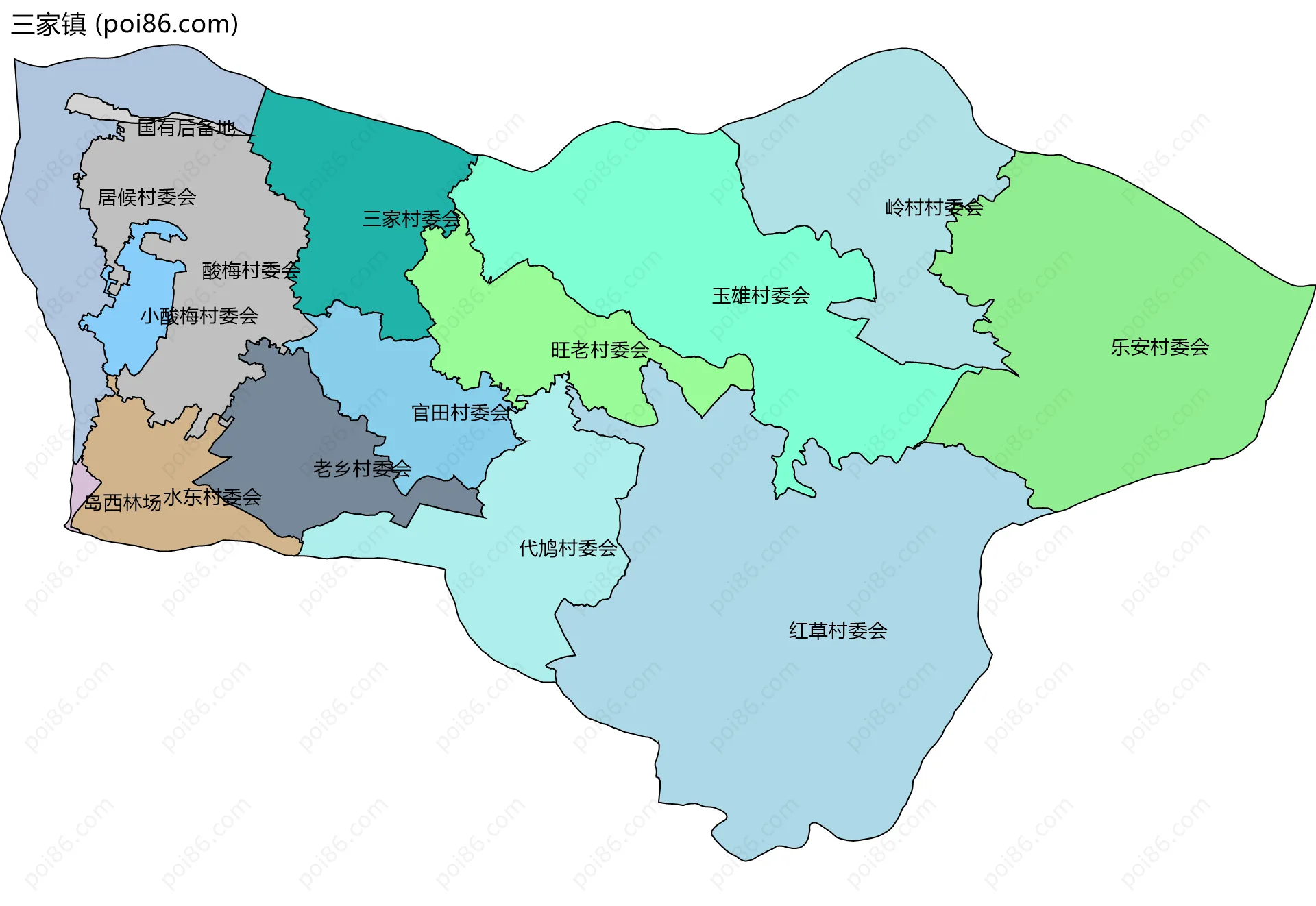 三家镇边界地图(五级行政区划)