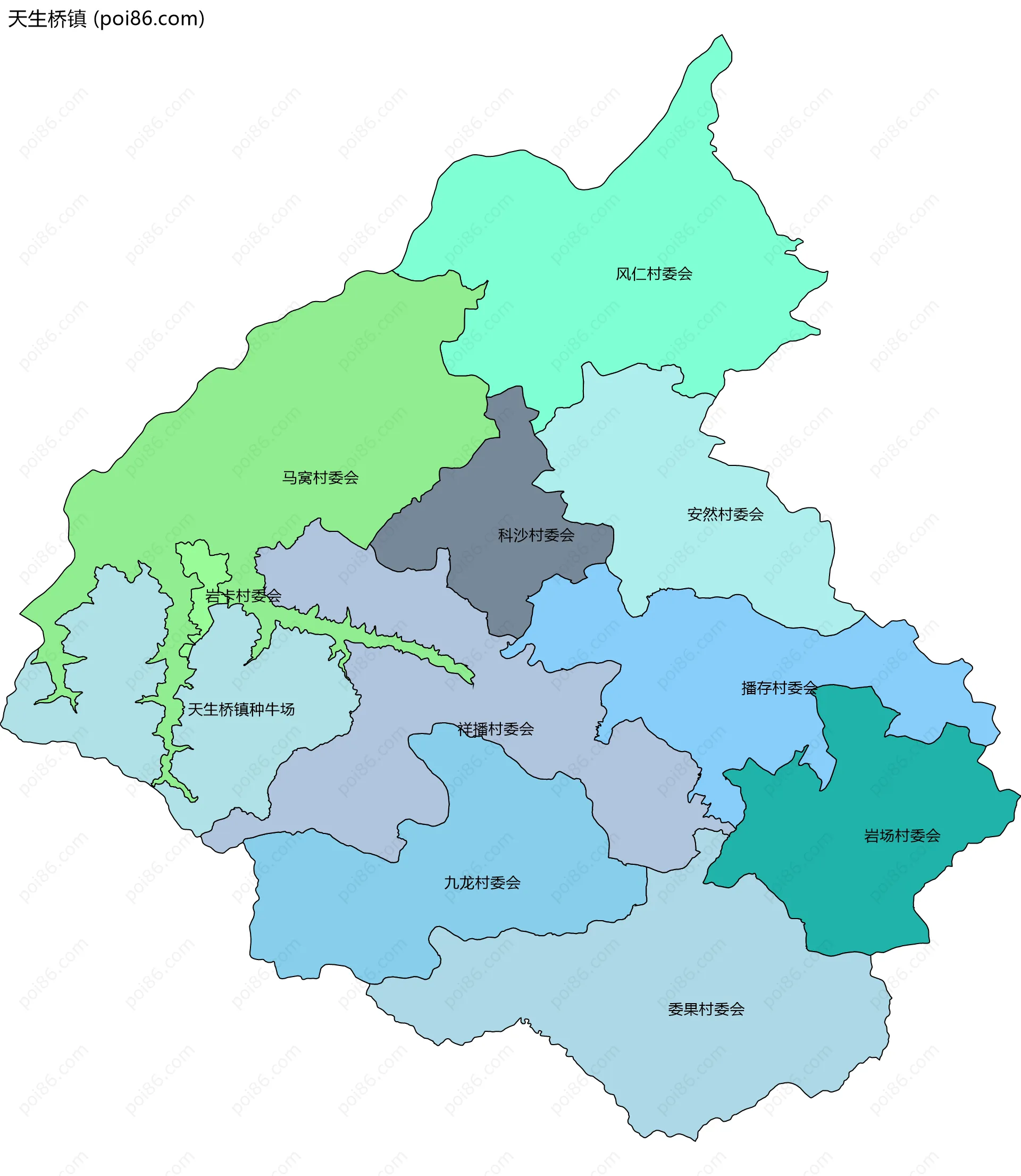 天生桥镇边界地图(五级行政区划)