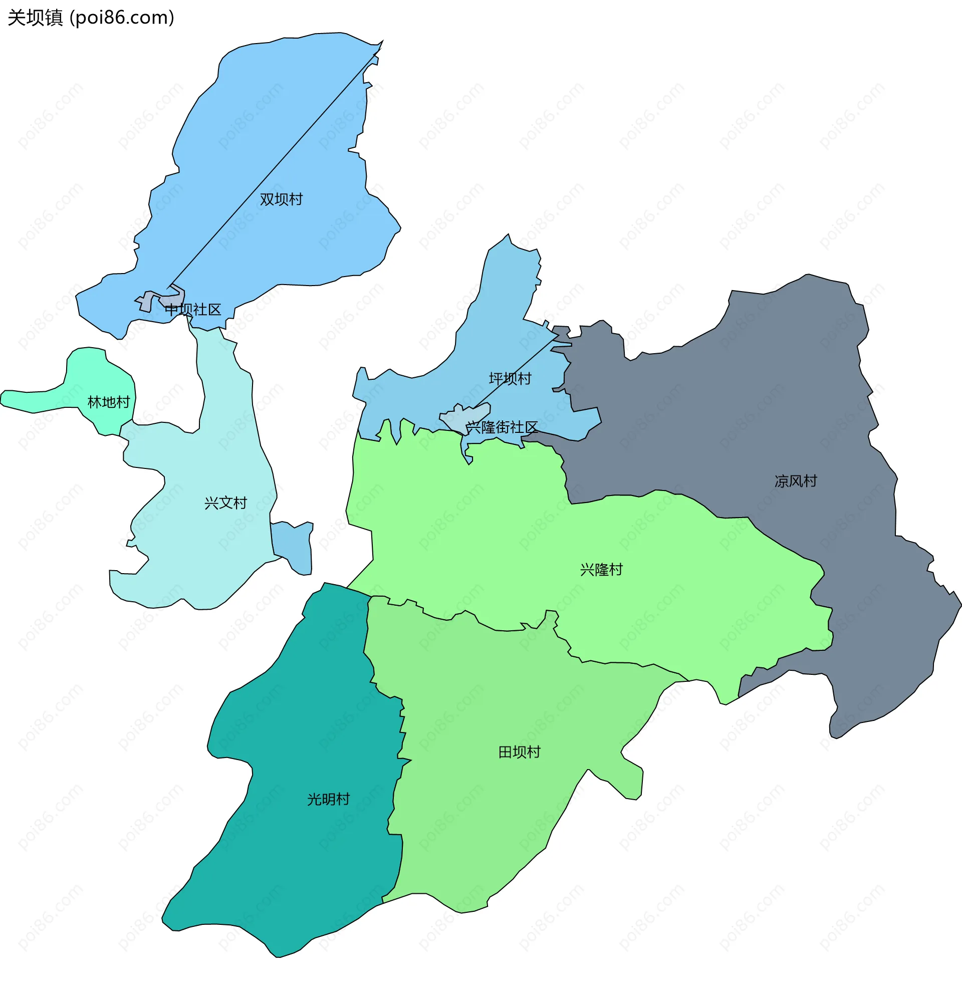 关坝镇边界地图(五级行政区划)