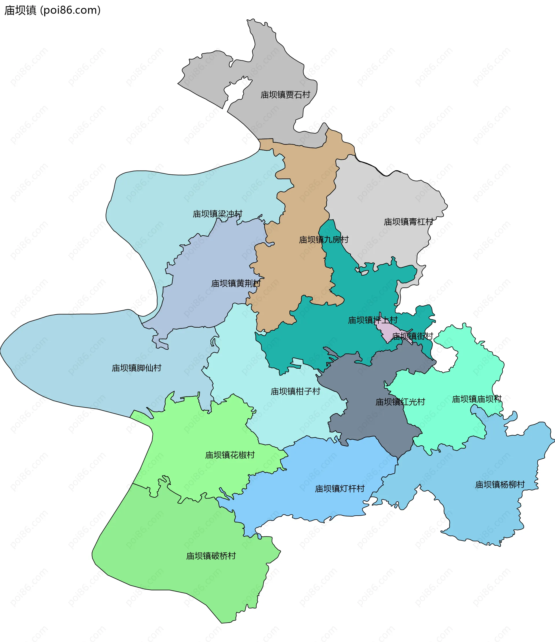 庙坝镇边界地图(五级行政区划)