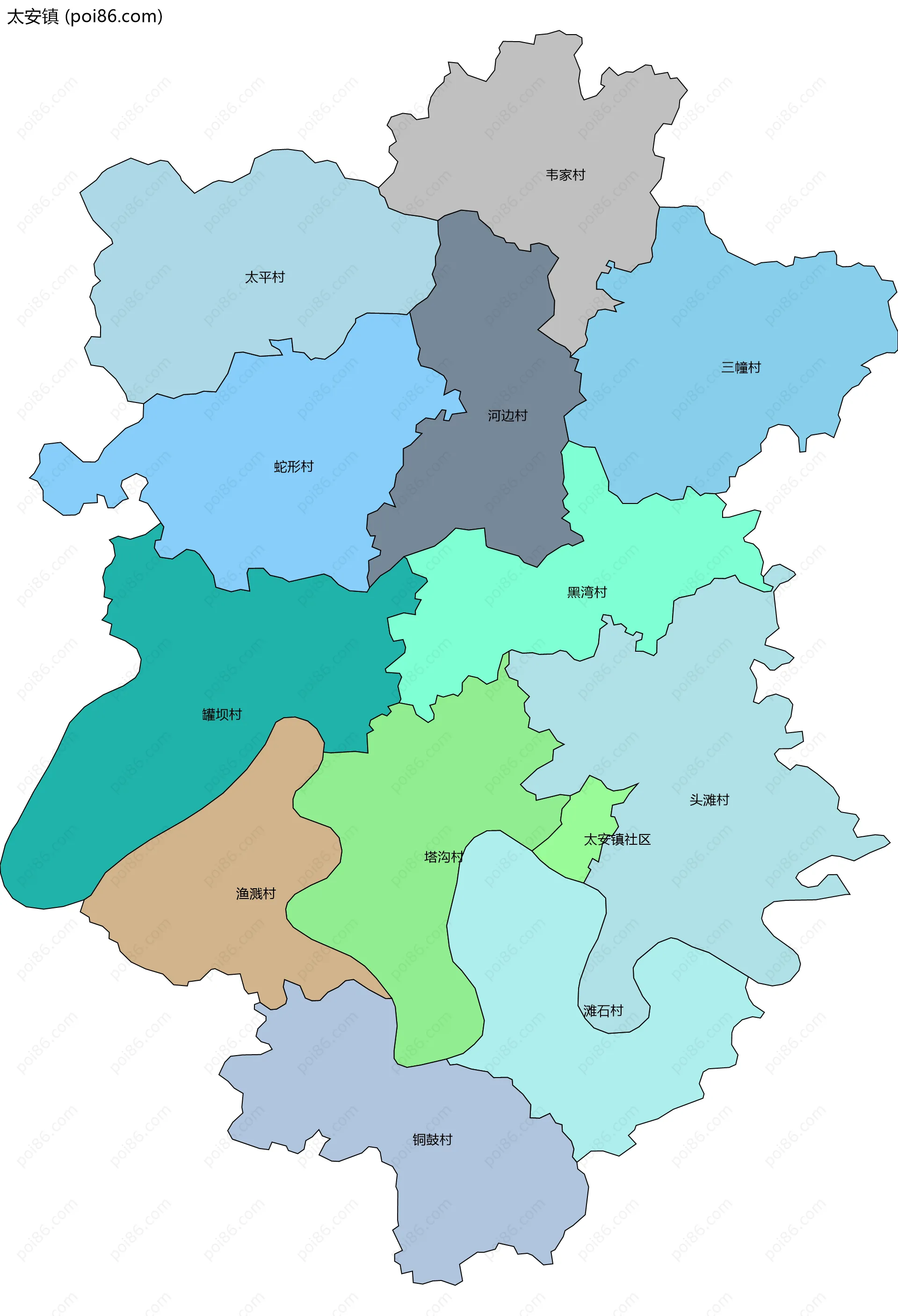 太安镇边界地图(五级行政区划)