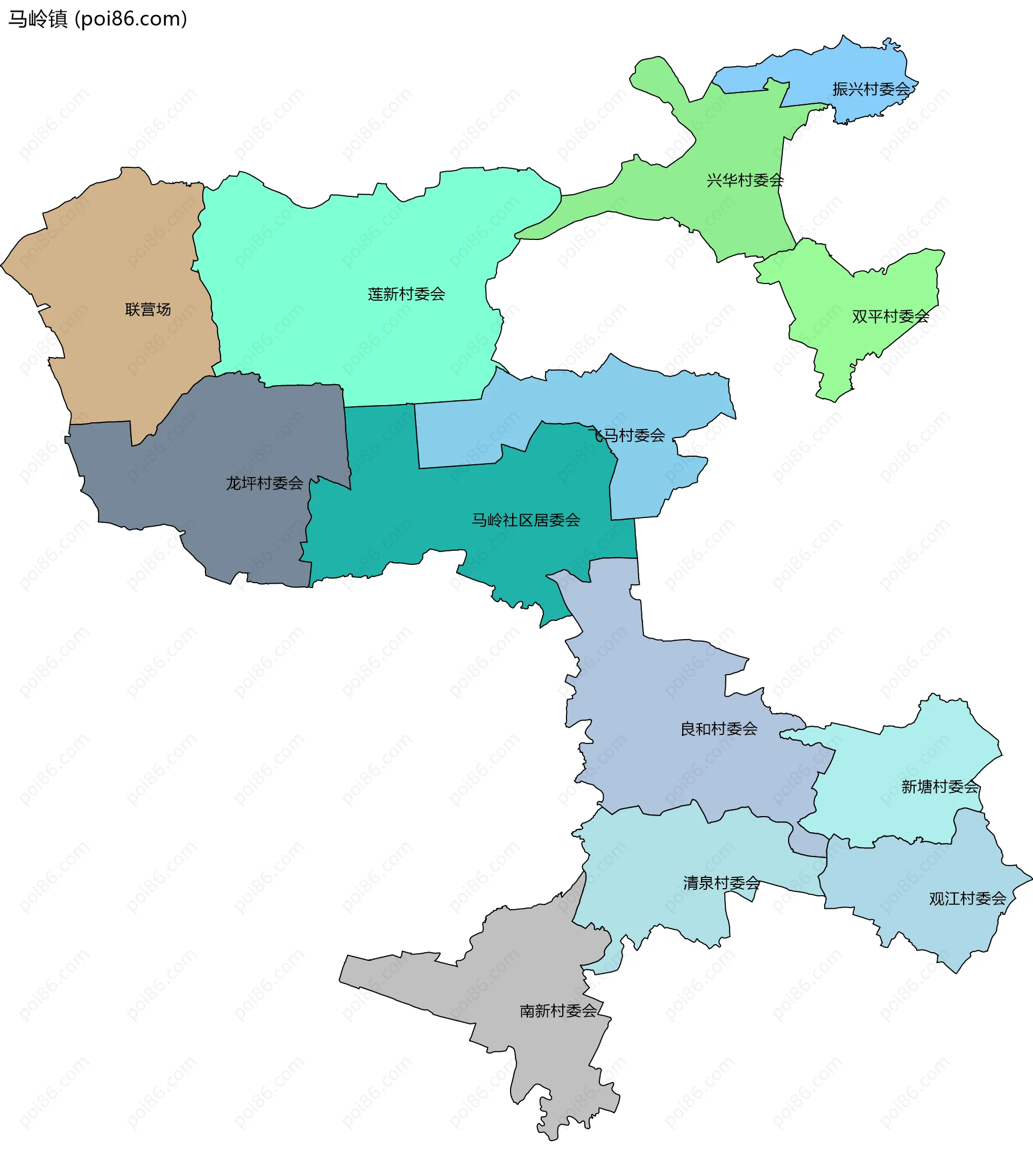马岭镇边界地图(五级行政区划)