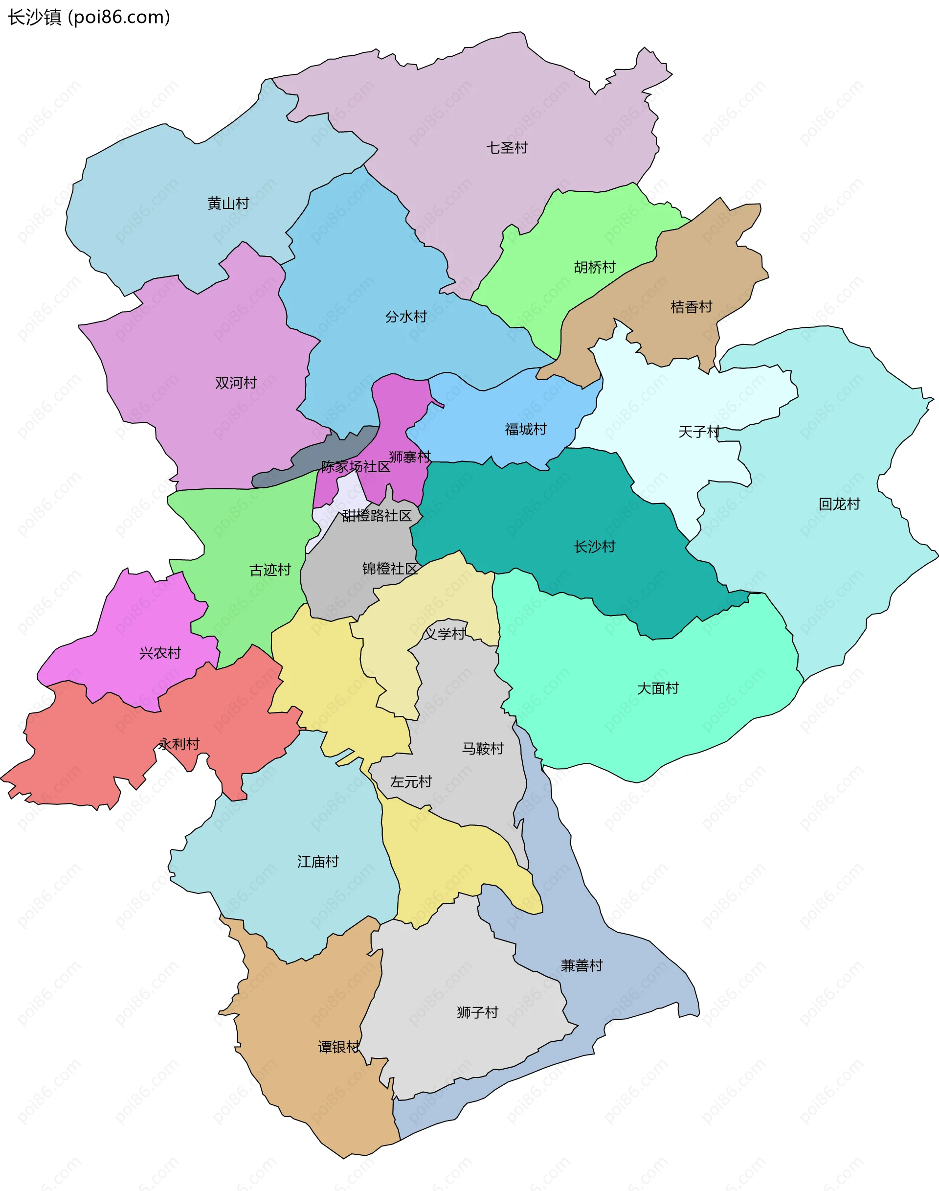 长沙镇边界地图(五级行政区划)