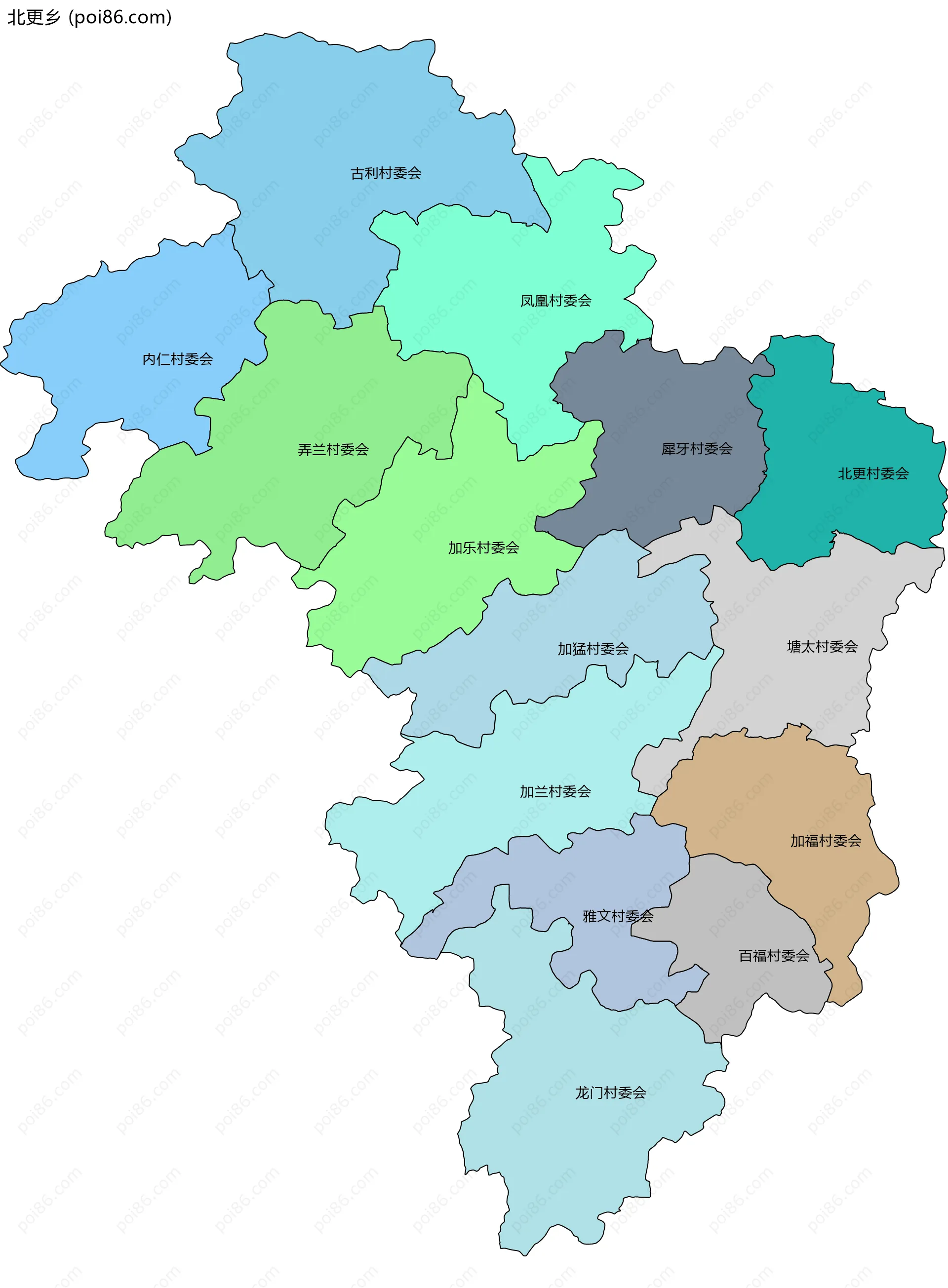 北更乡边界地图(五级行政区划)