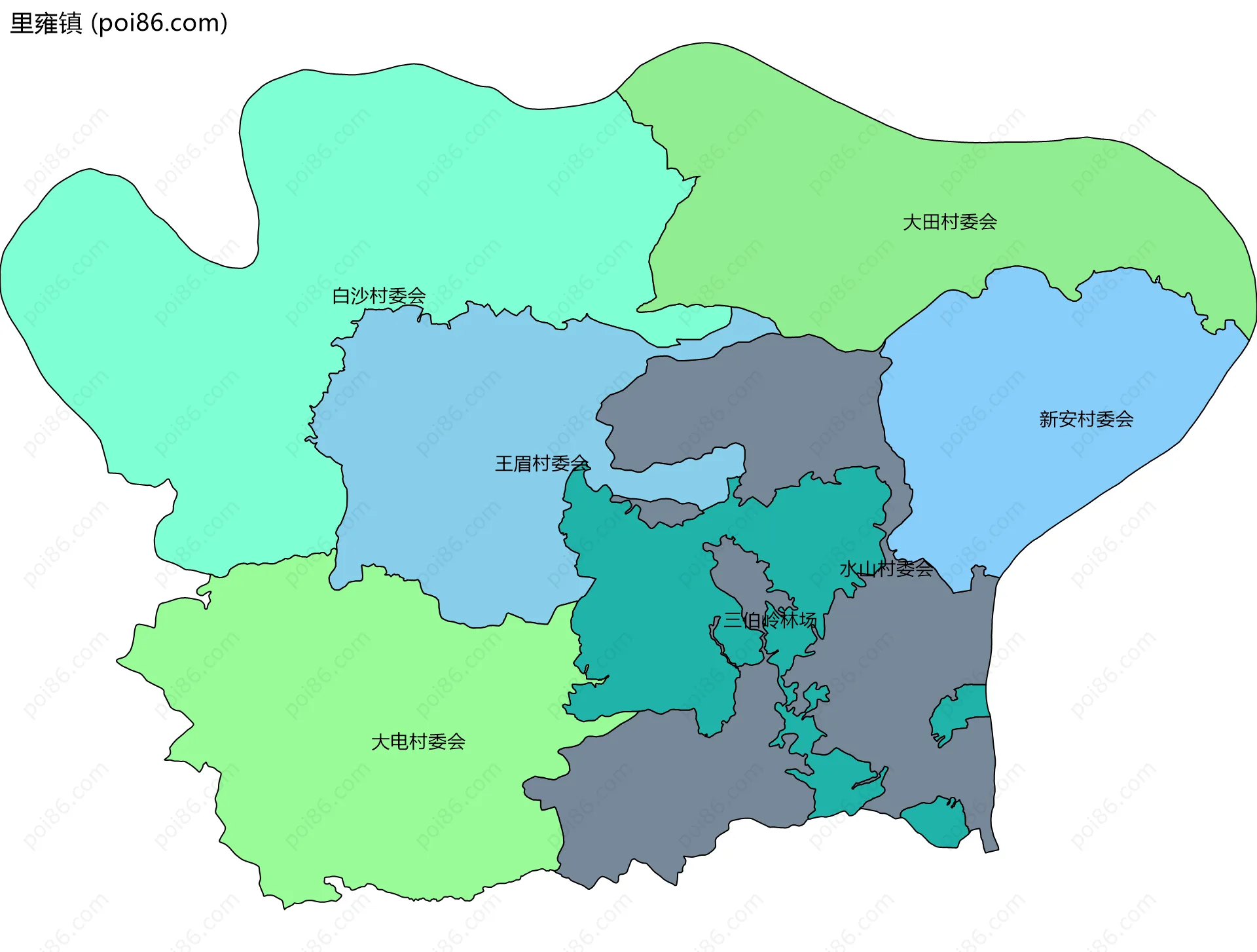 里雍镇边界地图(五级行政区划)