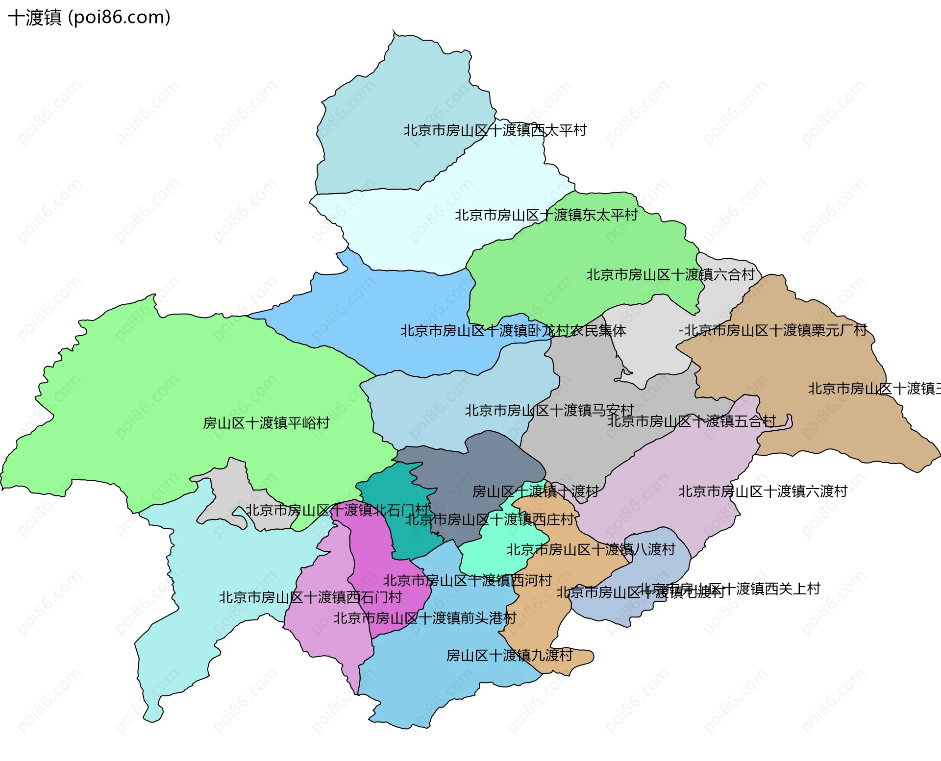 十渡镇边界地图(五级行政区划)