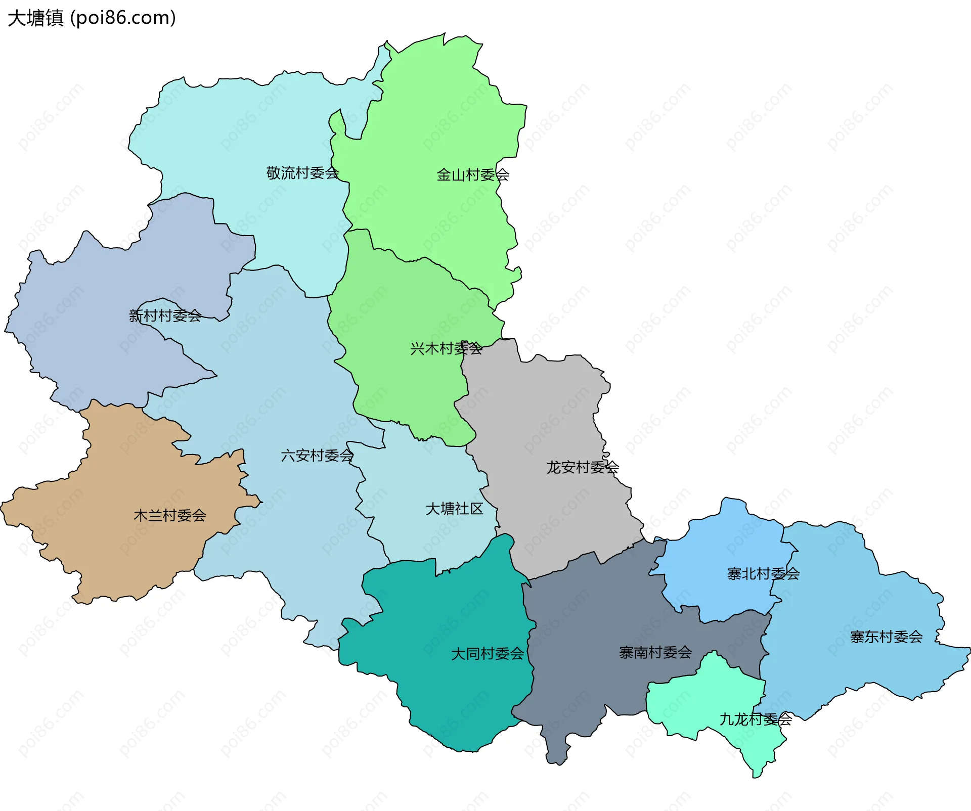 大塘镇边界地图(五级行政区划)