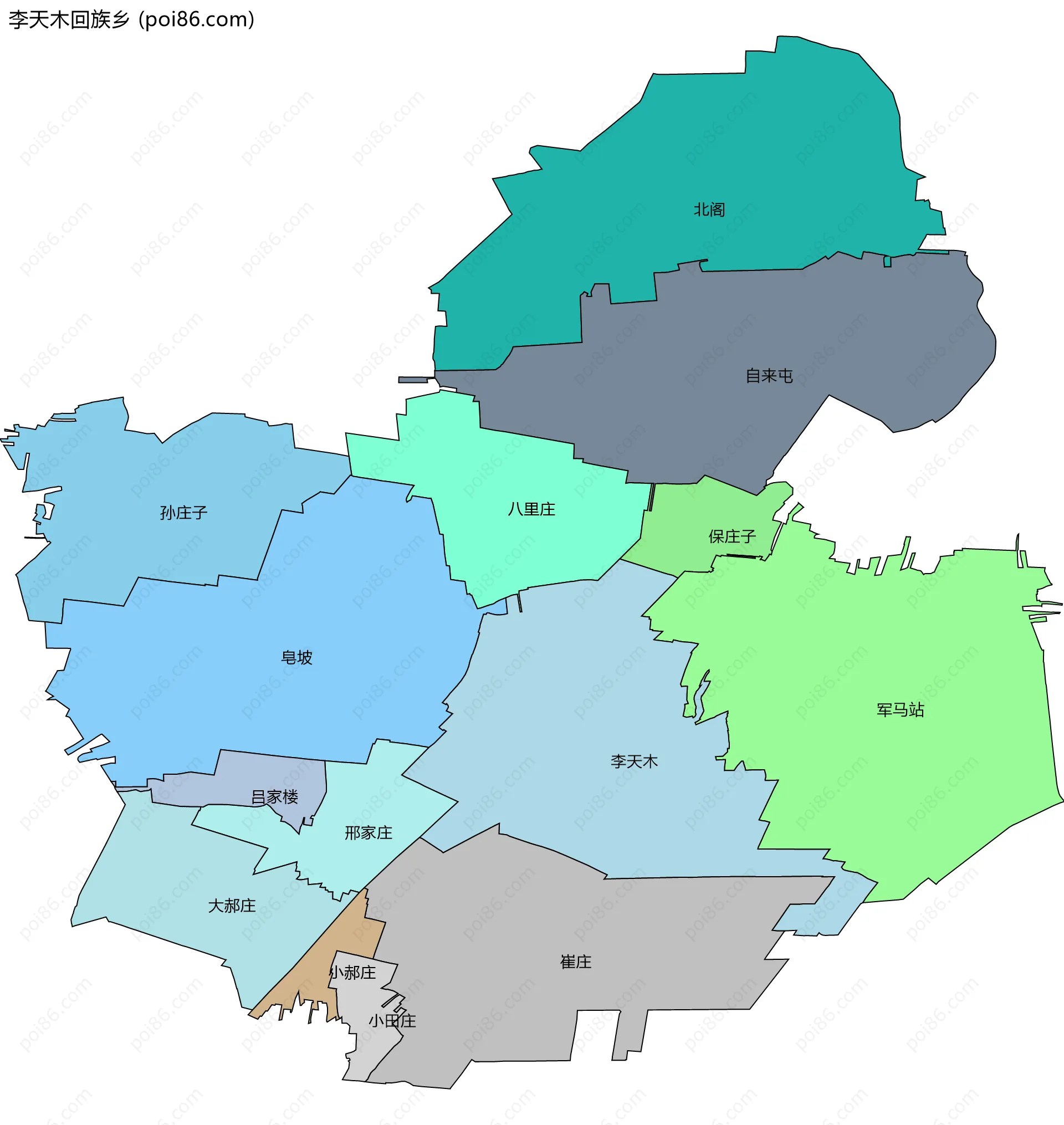 李天木回族乡边界地图(五级行政区划)