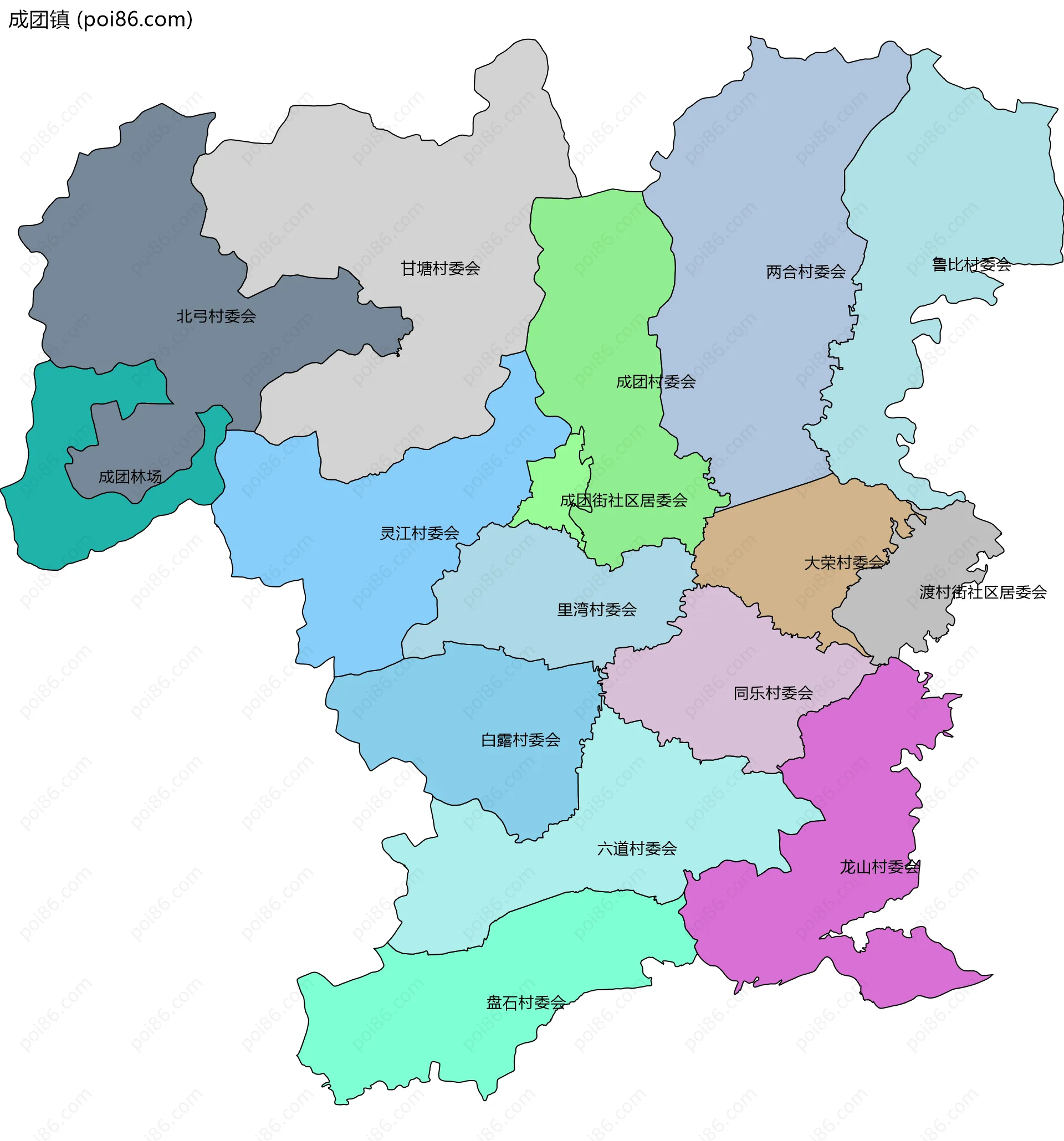 成团镇边界地图(五级行政区划)