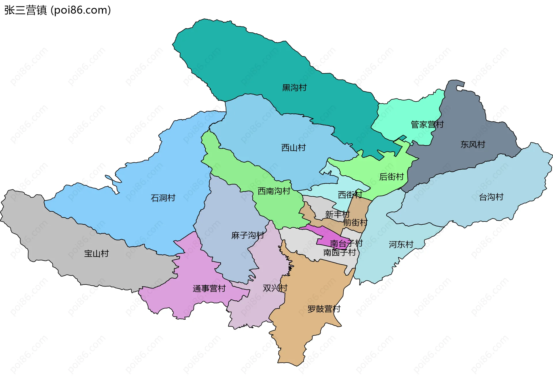 张三营镇边界地图(五级行政区划)