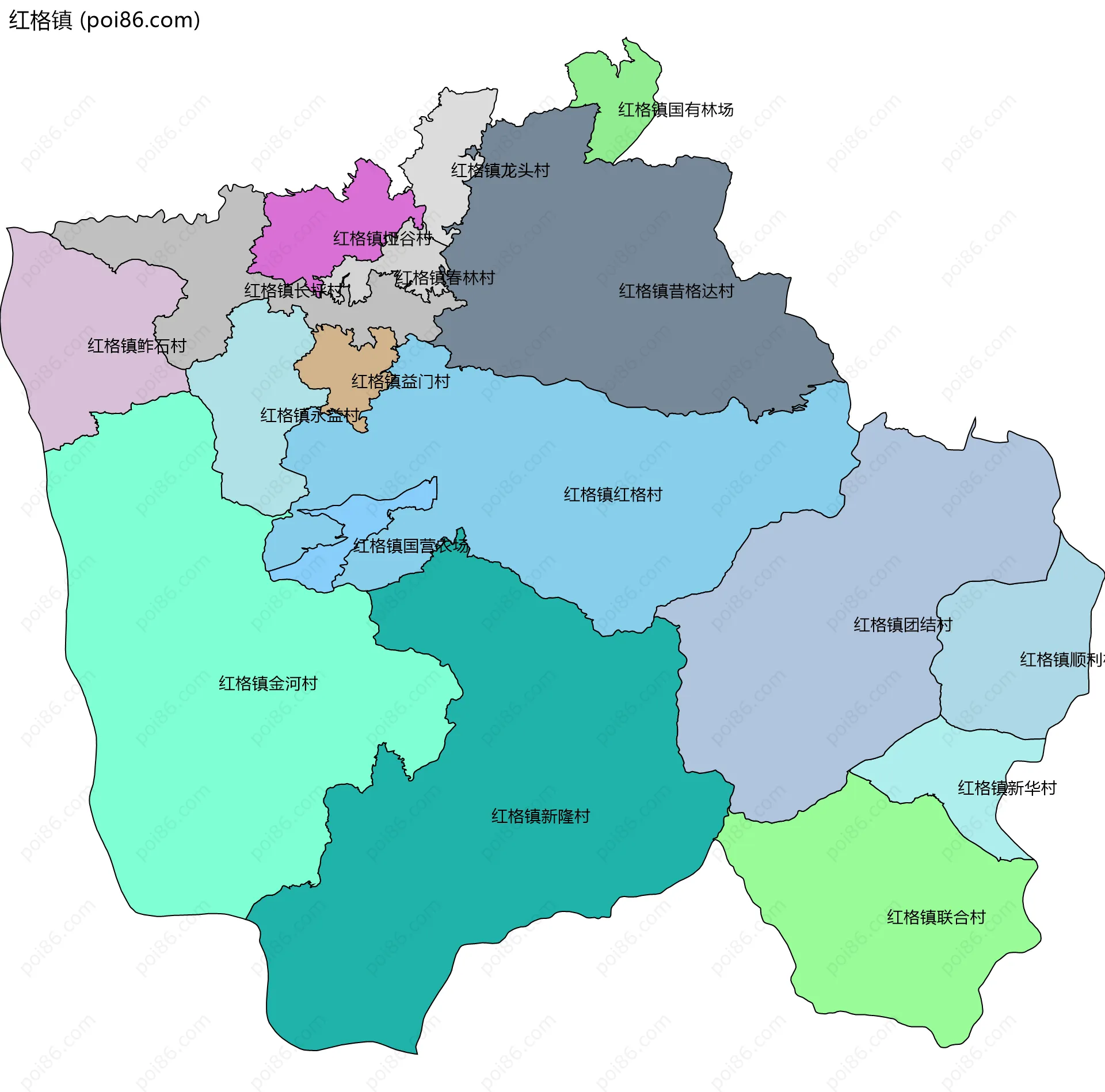 红格镇边界地图(五级行政区划)