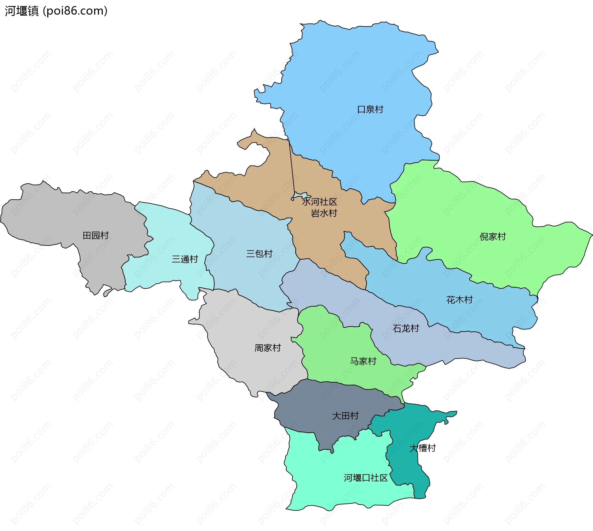 河堰镇边界地图(五级行政区划)