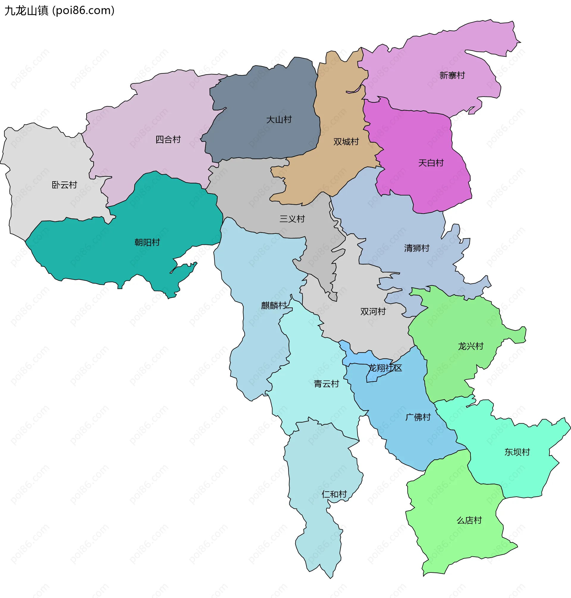 九龙山镇边界地图(五级行政区划)