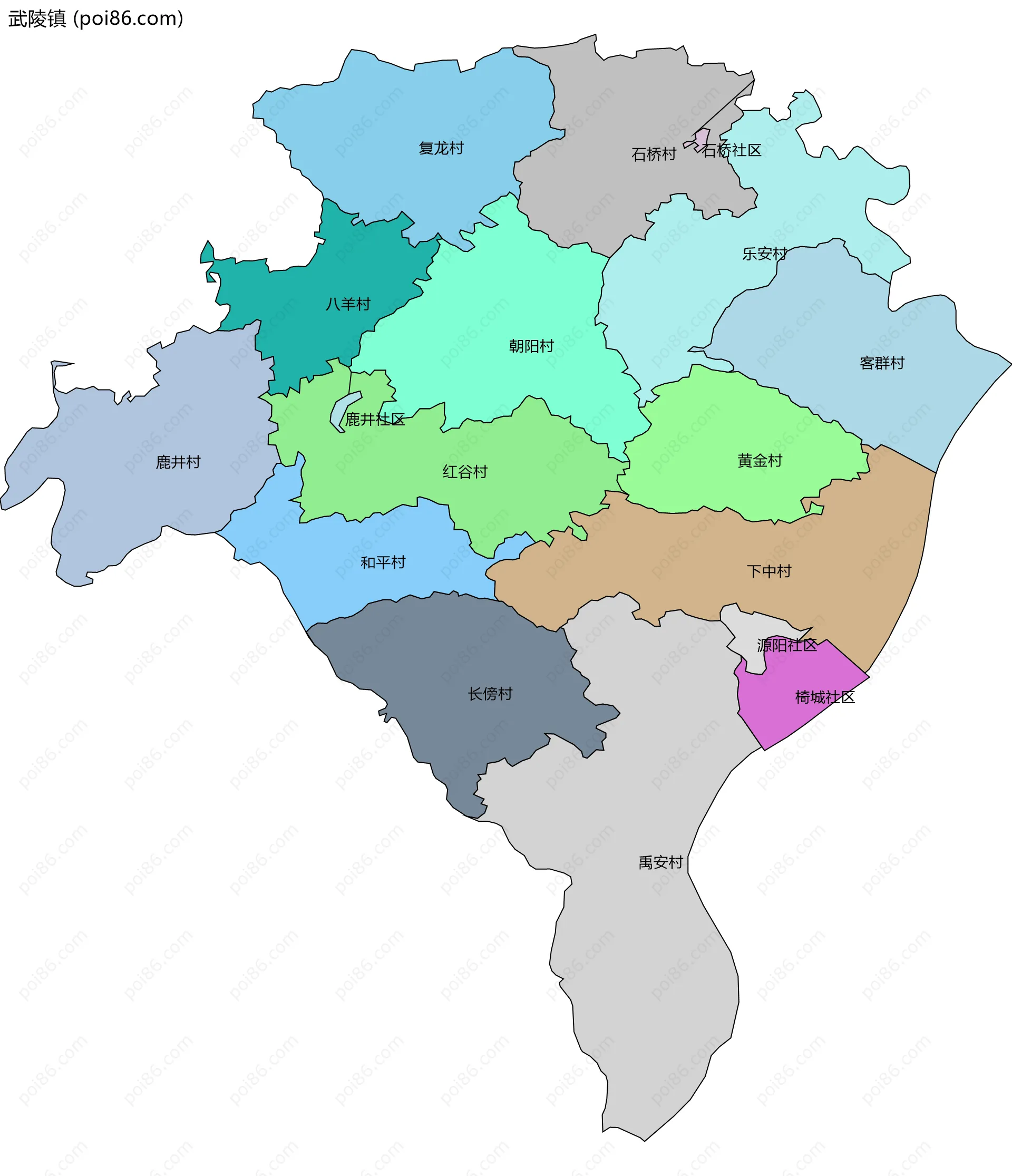 武陵镇边界地图(五级行政区划)