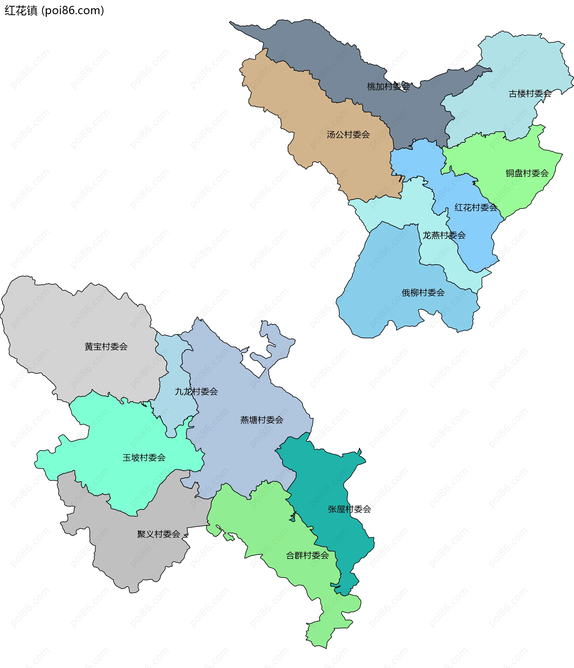 红花镇边界地图(五级行政区划)