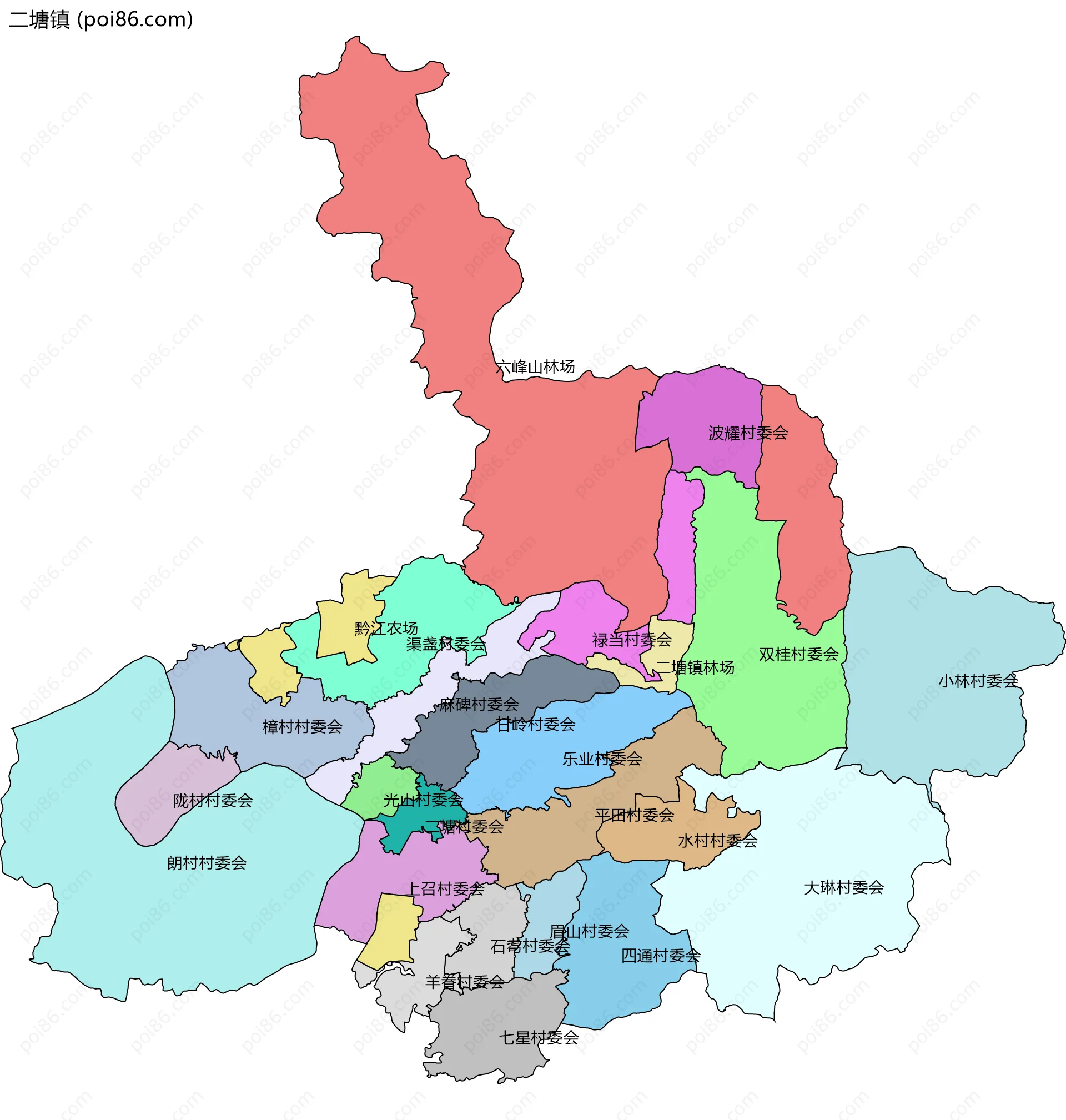 二塘镇边界地图(五级行政区划)