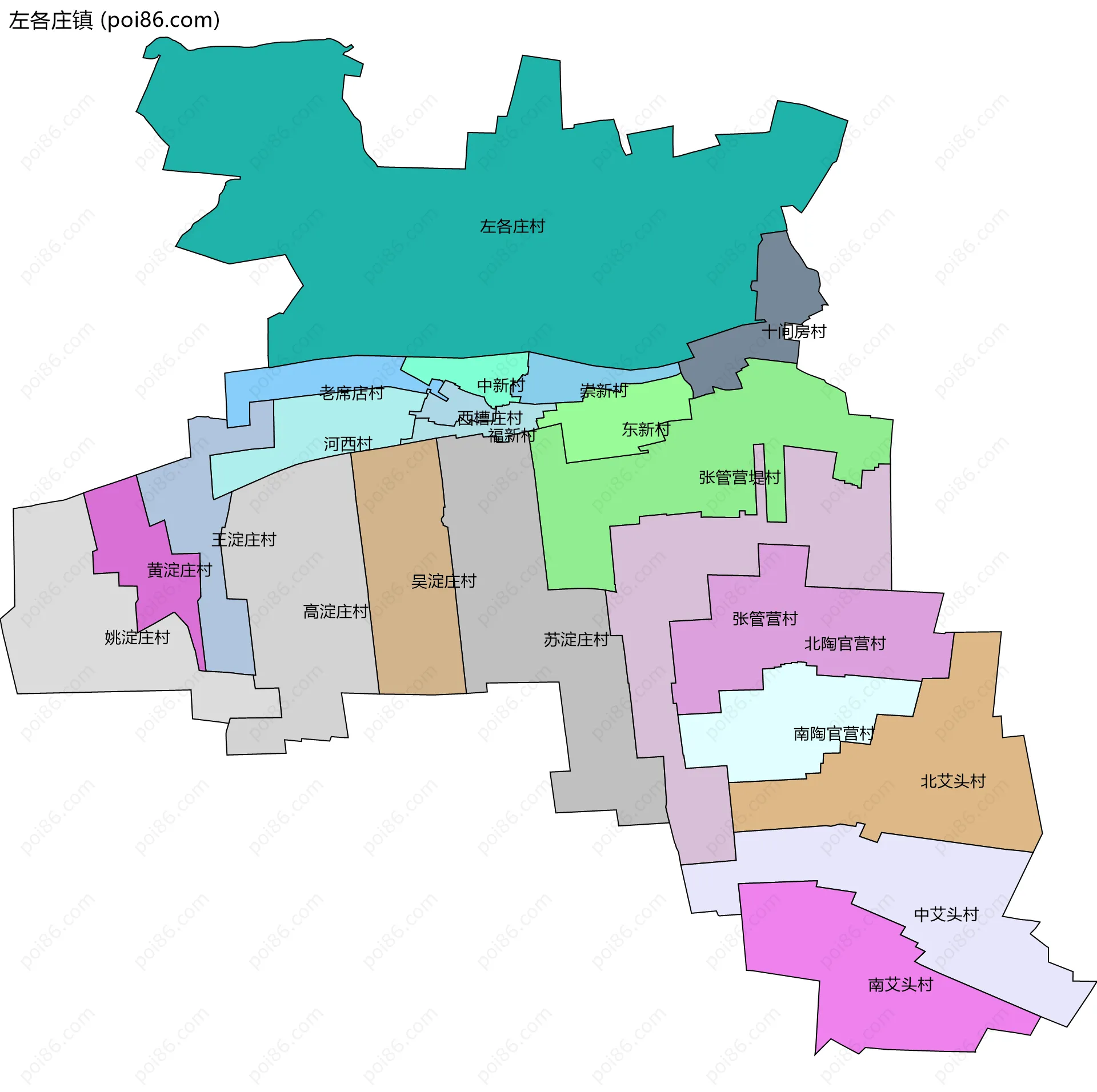 左各庄镇边界地图(五级行政区划)