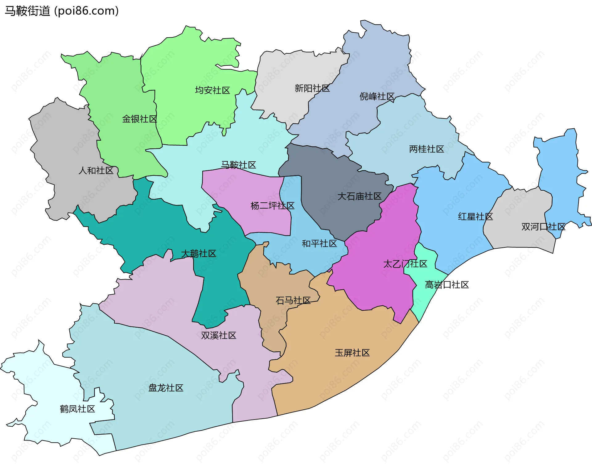 马鞍街道边界地图(五级行政区划)