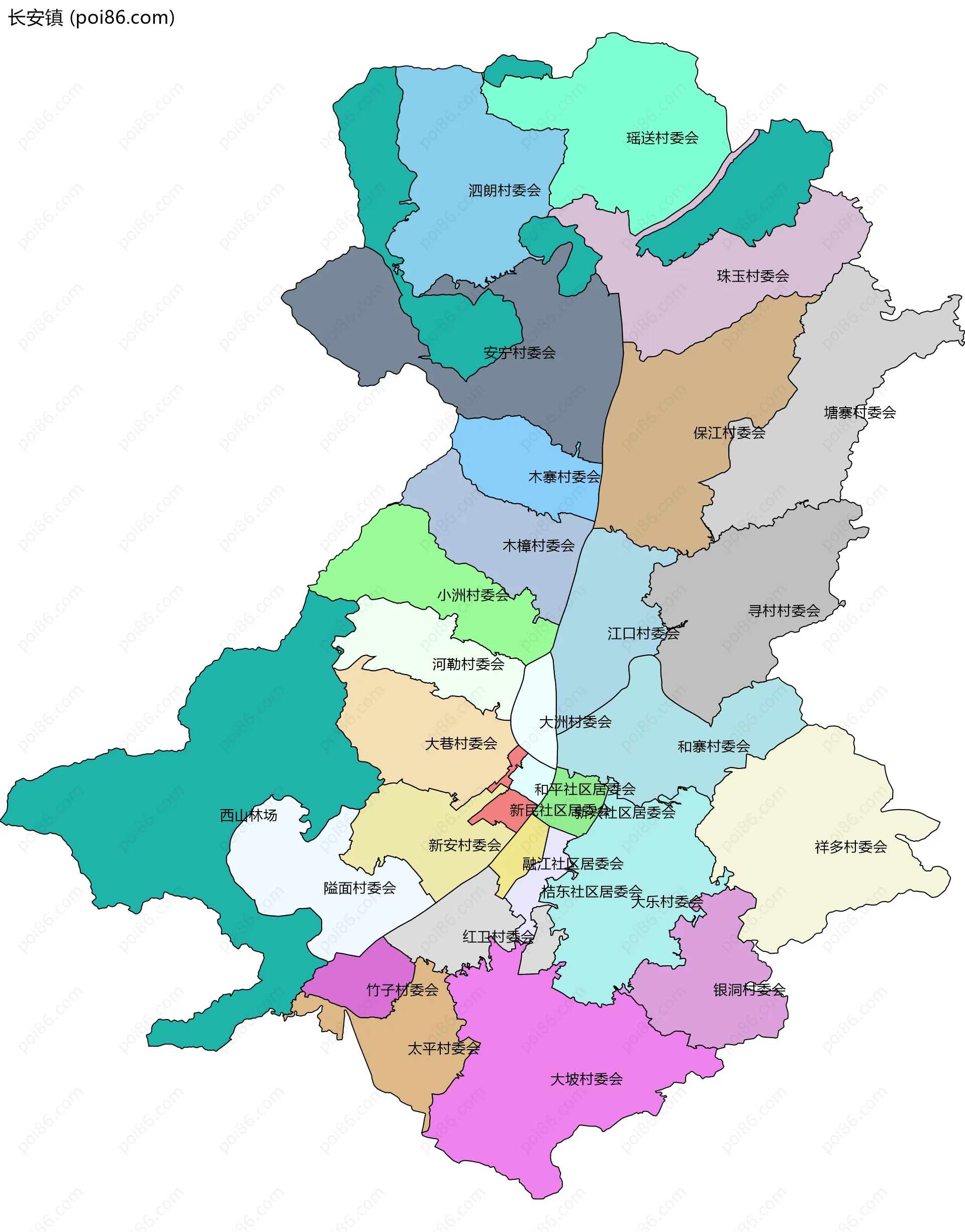 长安镇边界地图(五级行政区划)