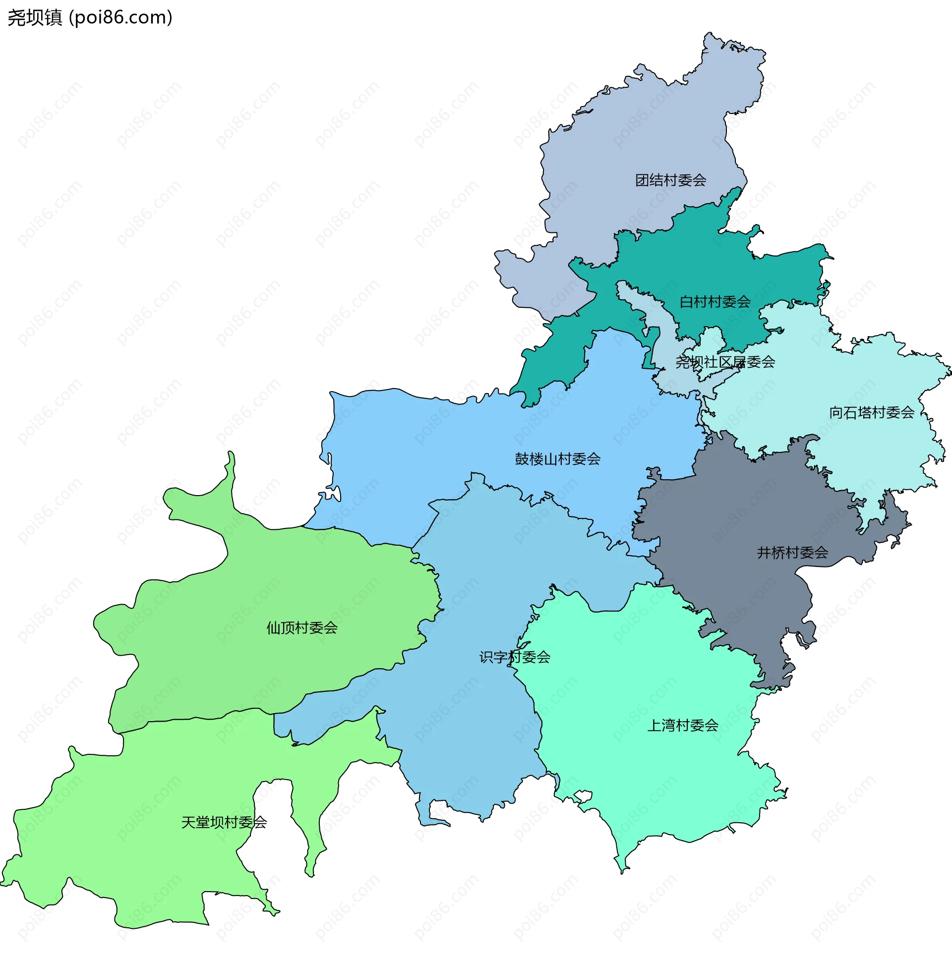 尧坝镇边界地图(五级行政区划)
