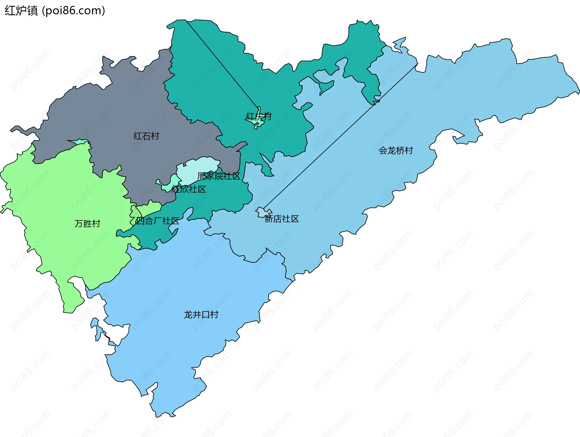 红炉镇边界地图(五级行政区划)