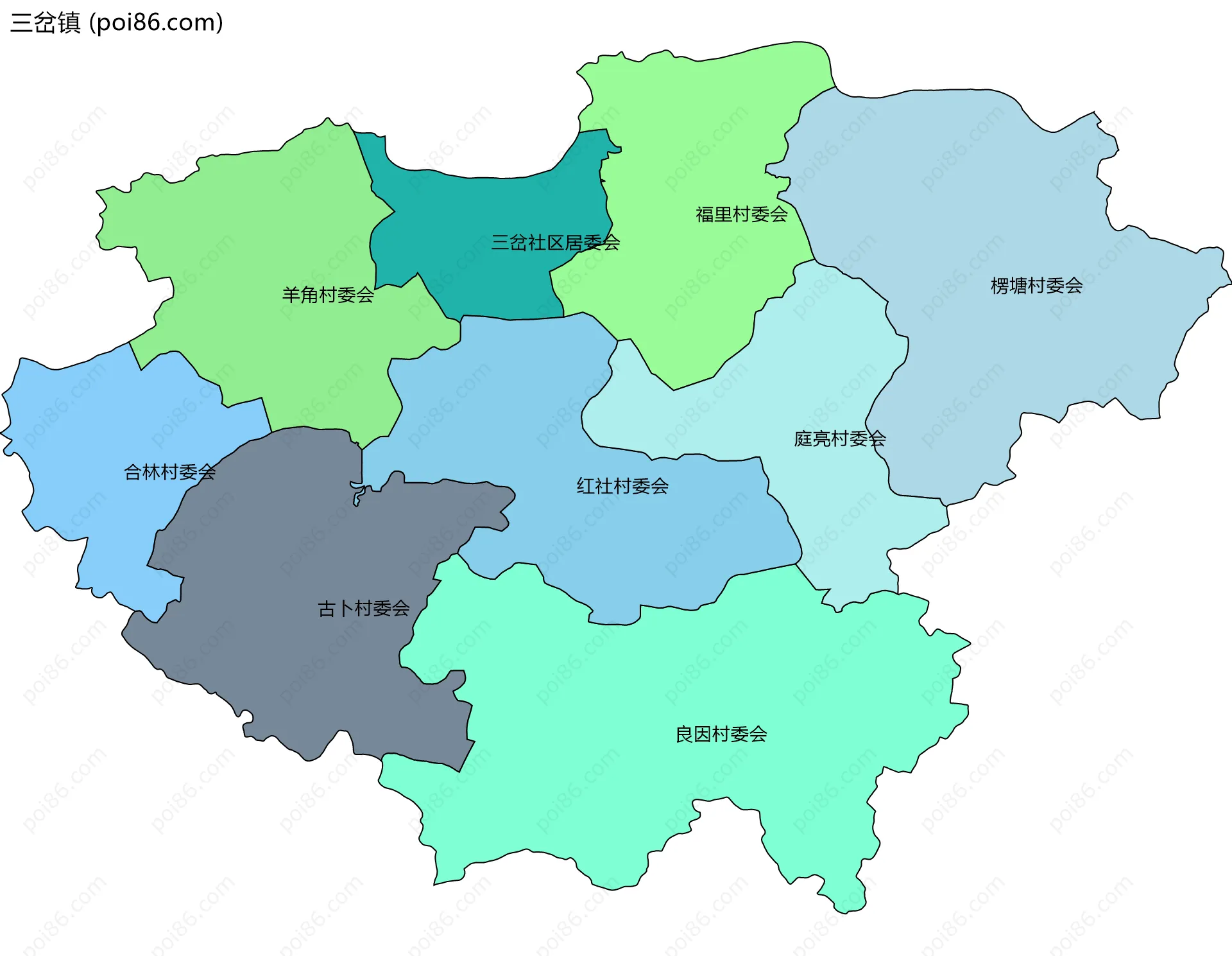 三岔镇边界地图(五级行政区划)
