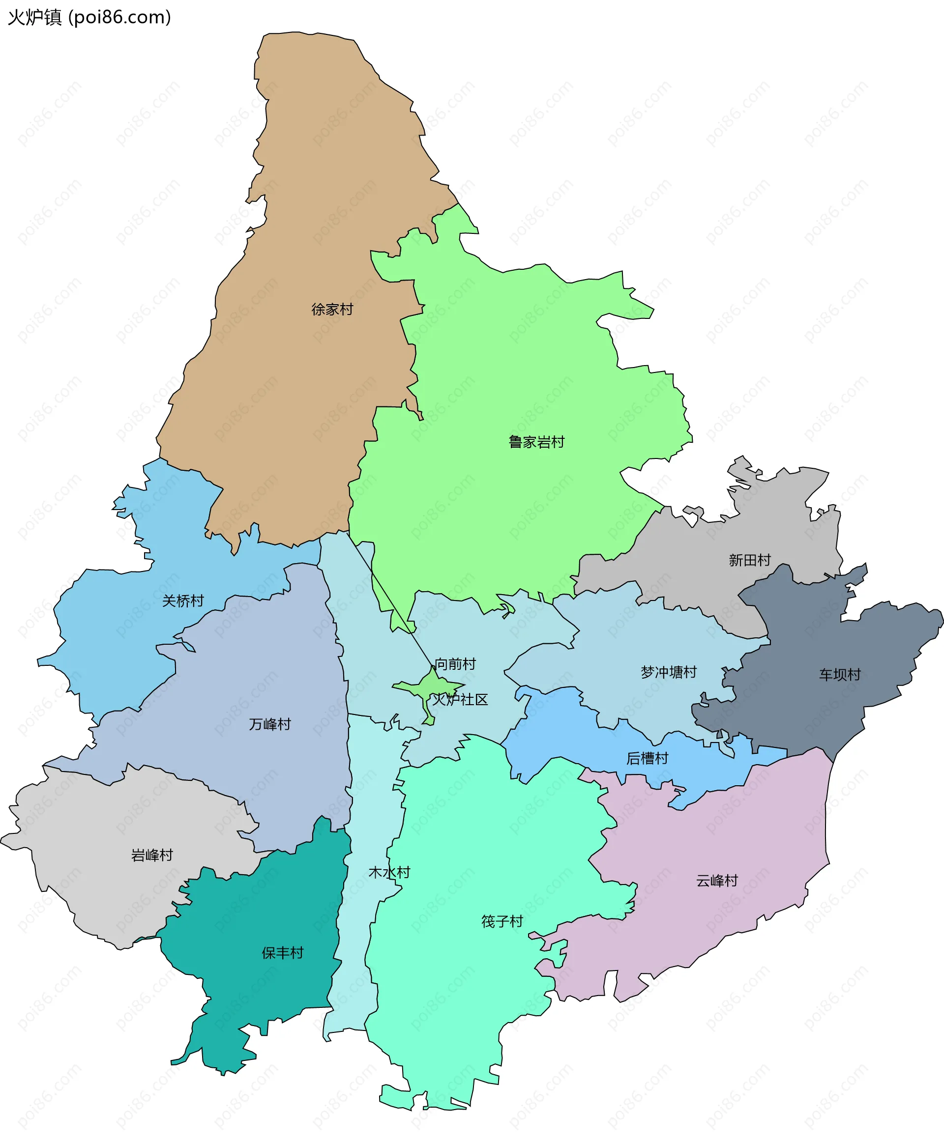 火炉镇边界地图(五级行政区划)