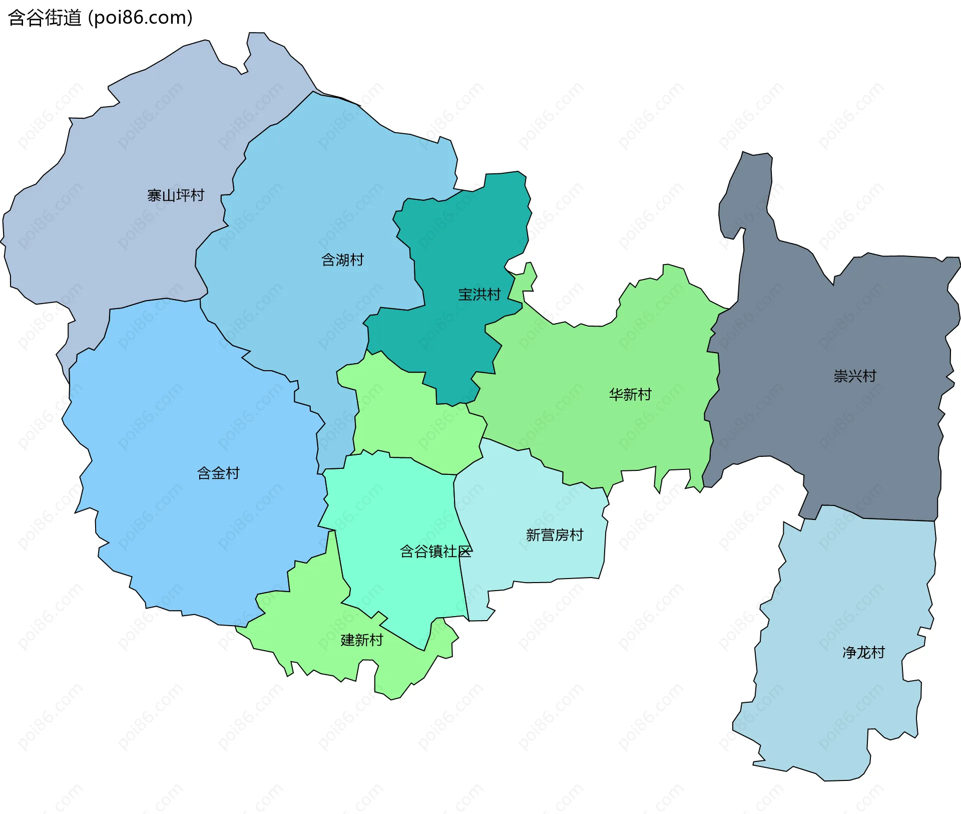 含谷街道边界地图(五级行政区划)
