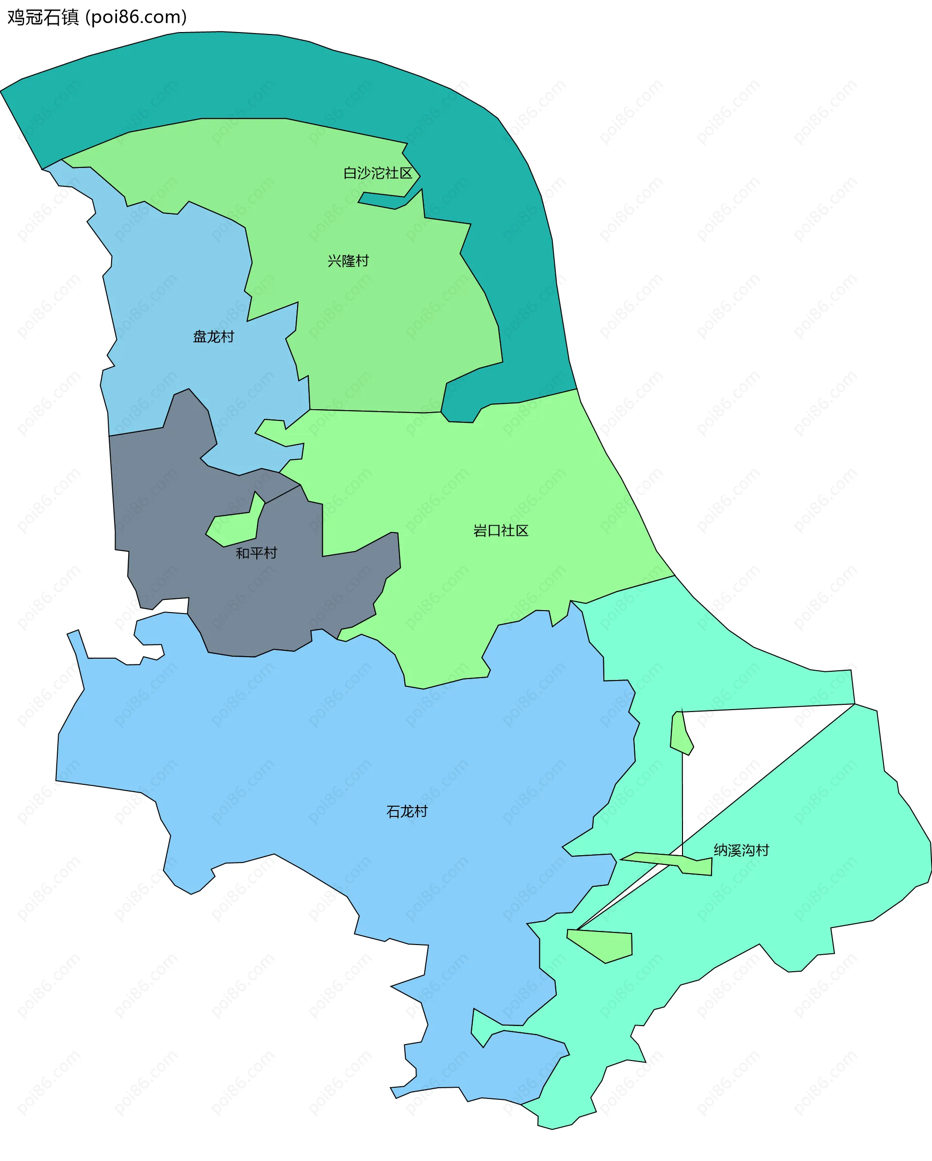 鸡冠石镇边界地图(五级行政区划)