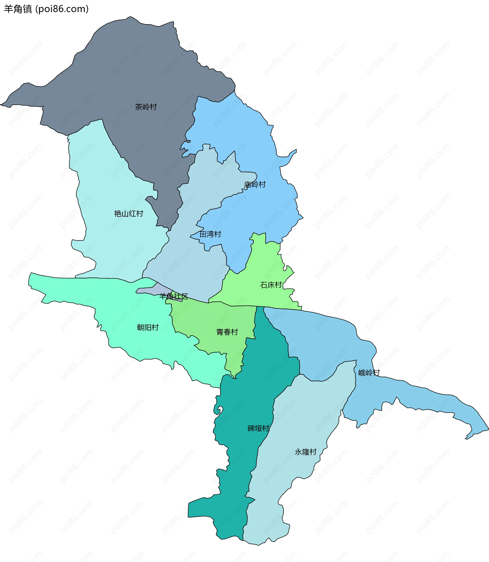 羊角镇边界地图(五级行政区划)