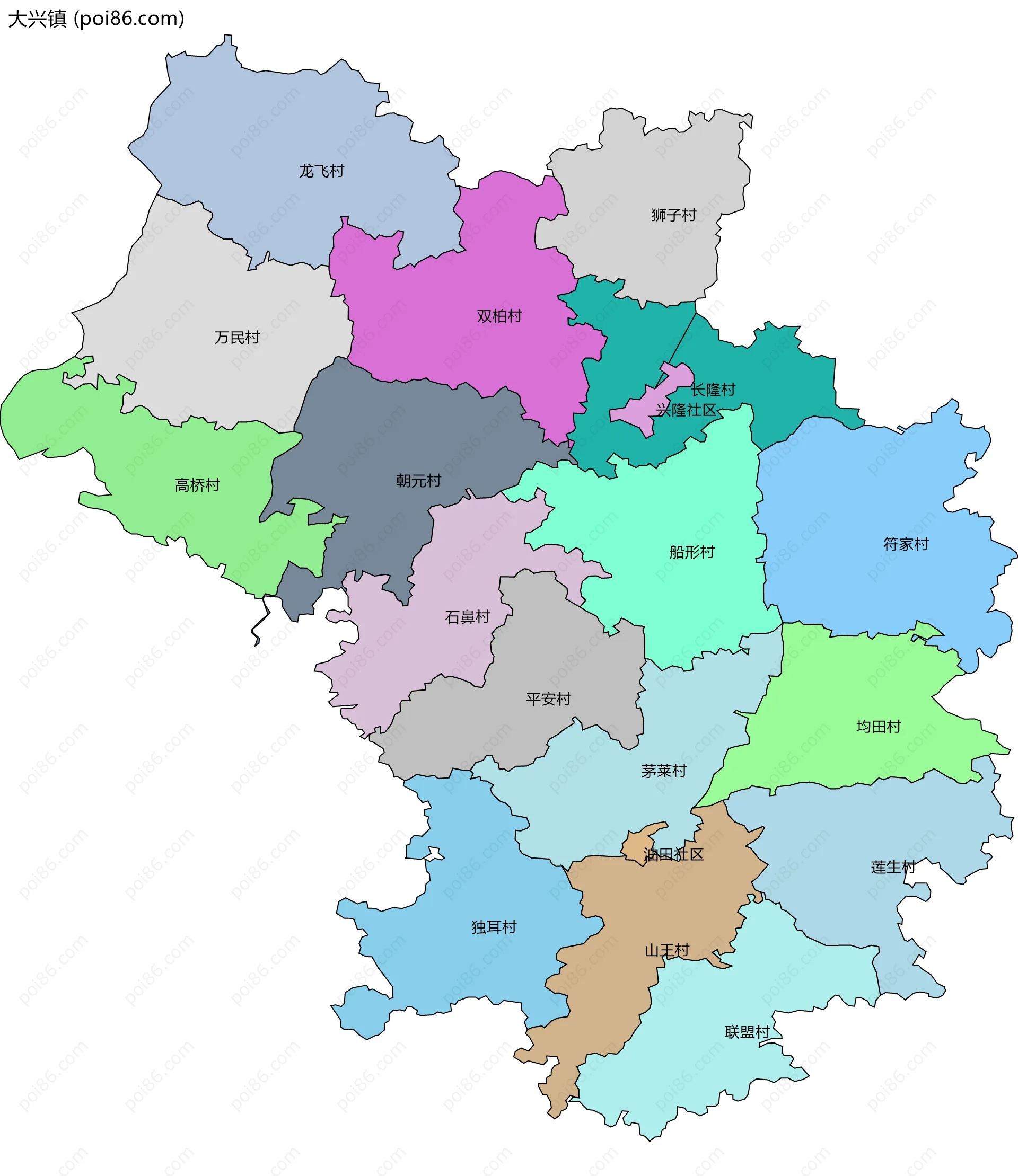 大兴镇边界地图(五级行政区划)