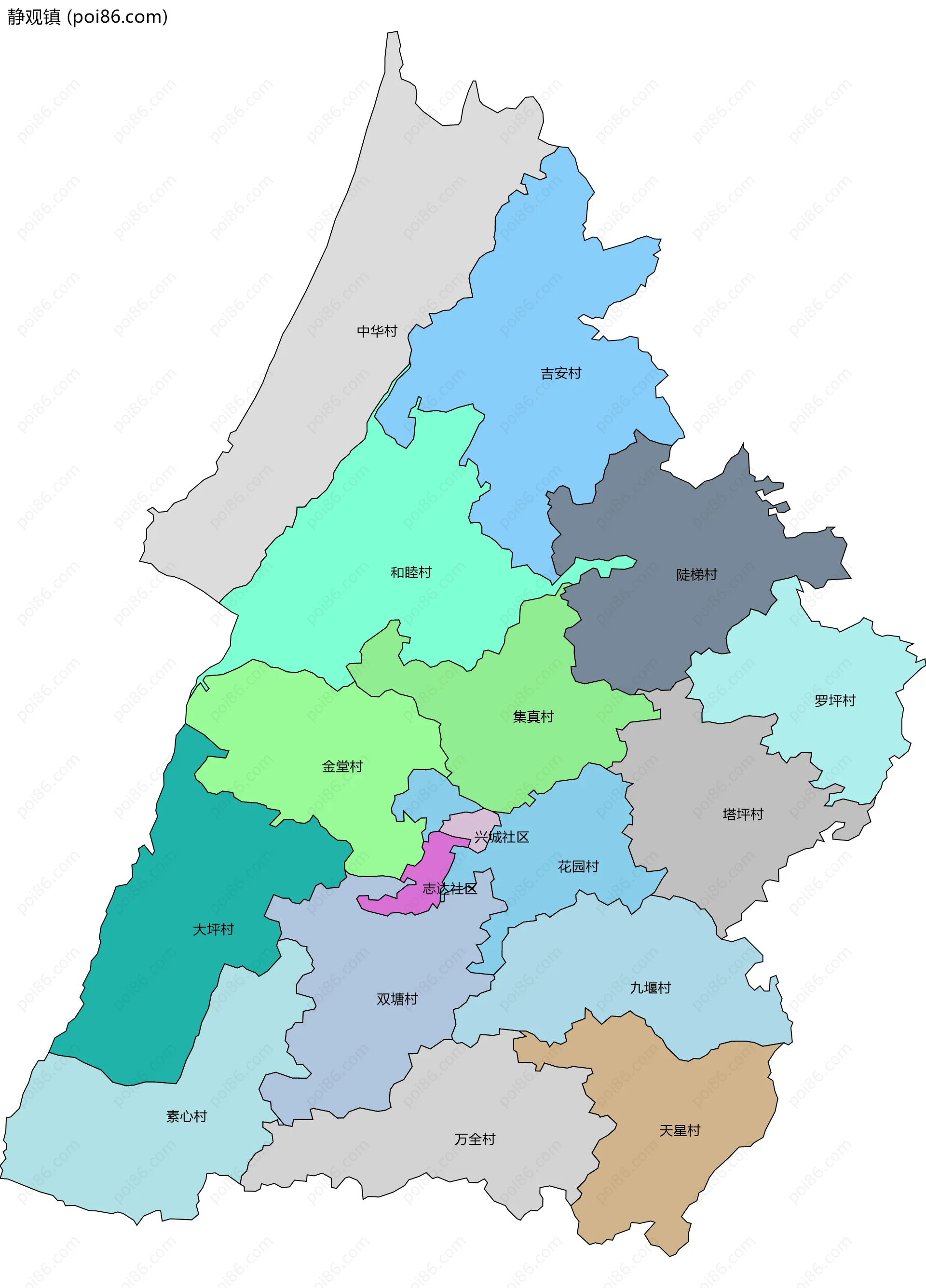 静观镇边界地图(五级行政区划)