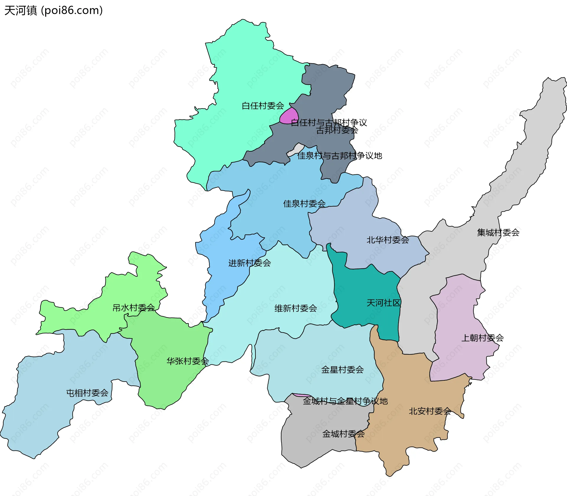 天河镇边界地图(五级行政区划)