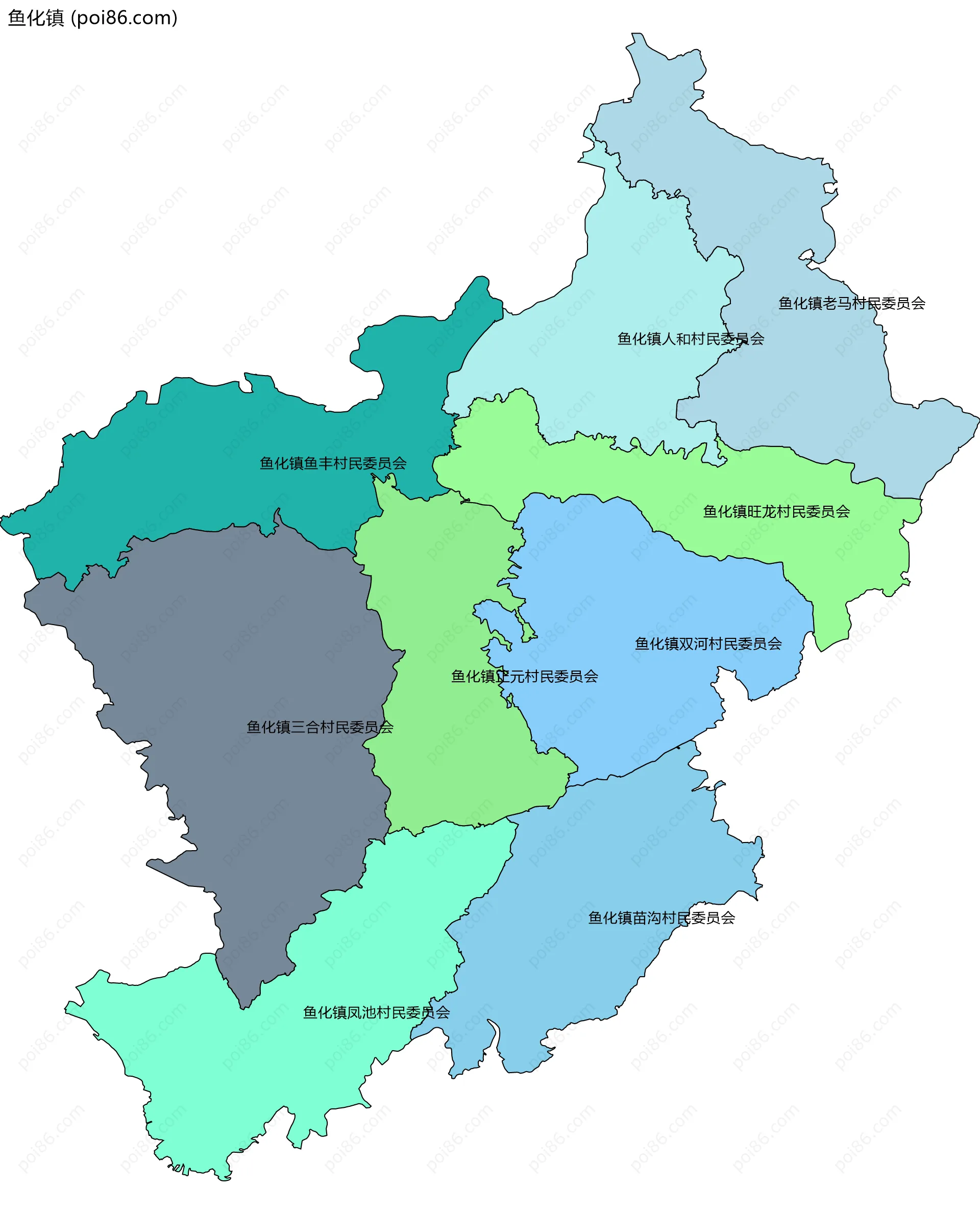 鱼化镇边界地图(五级行政区划)