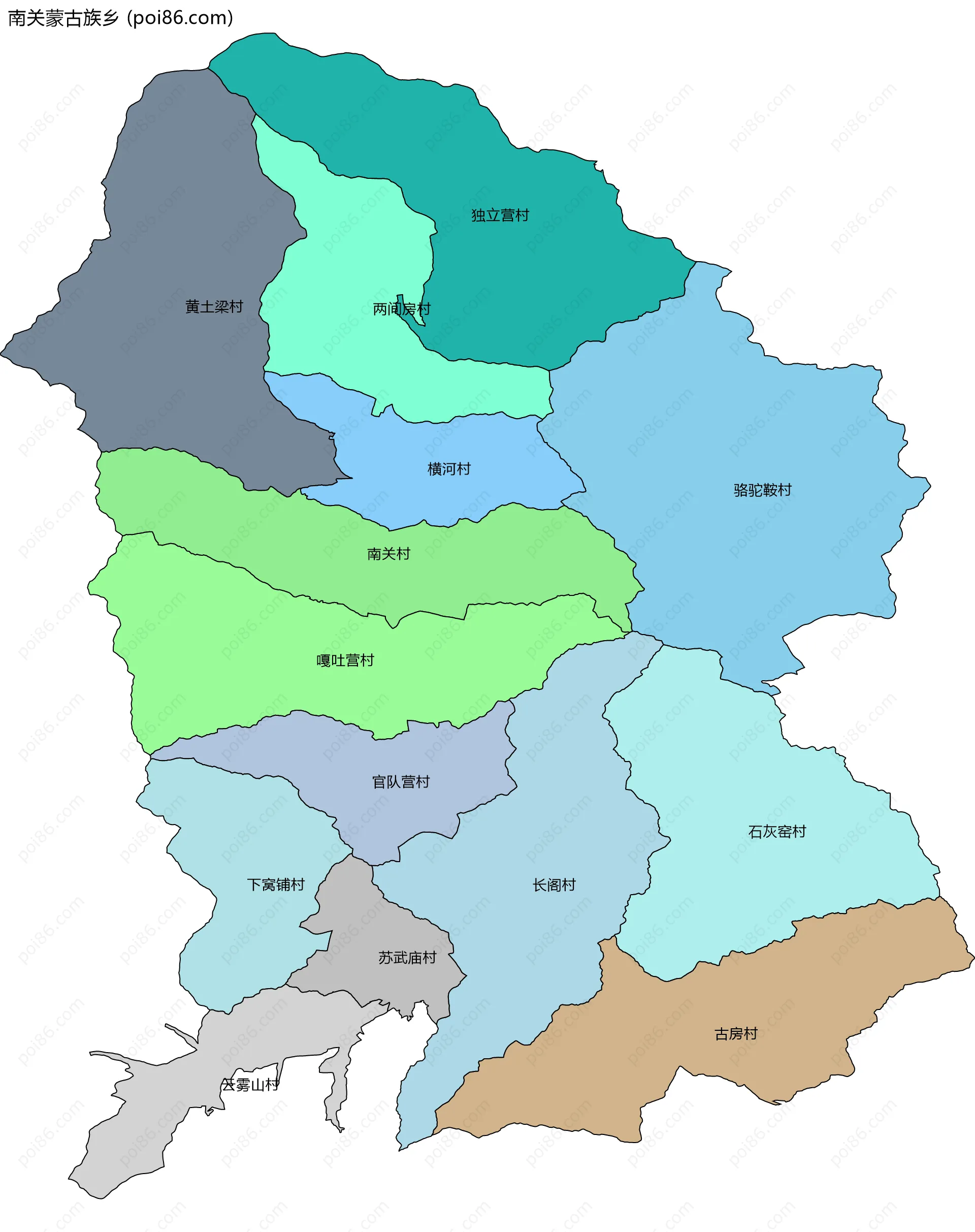 南关蒙古族乡边界地图(五级行政区划)