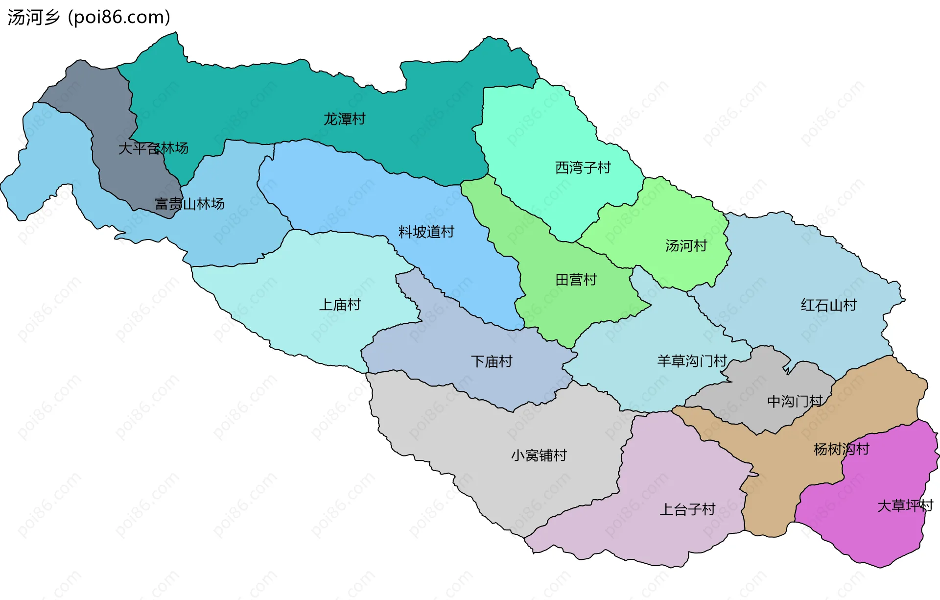 汤河乡边界地图(五级行政区划)