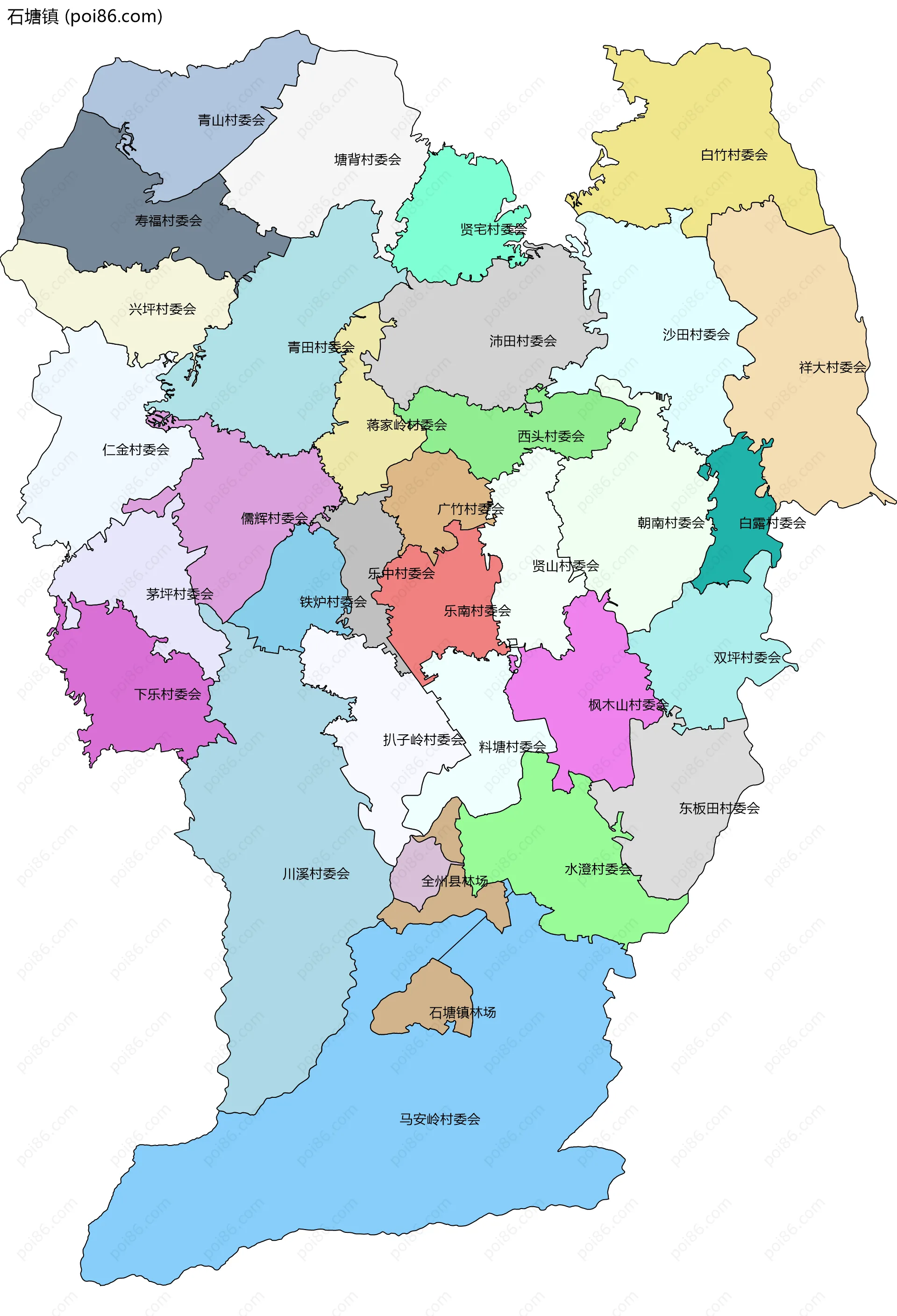 石塘镇边界地图(五级行政区划)