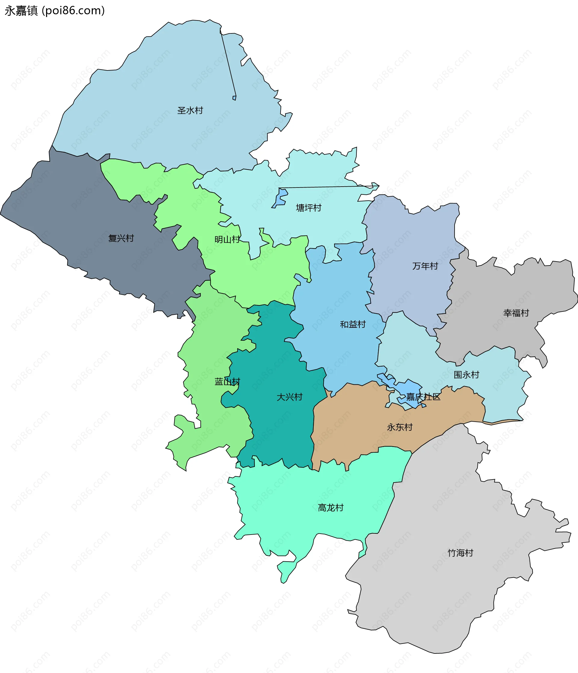 永嘉镇边界地图(五级行政区划)