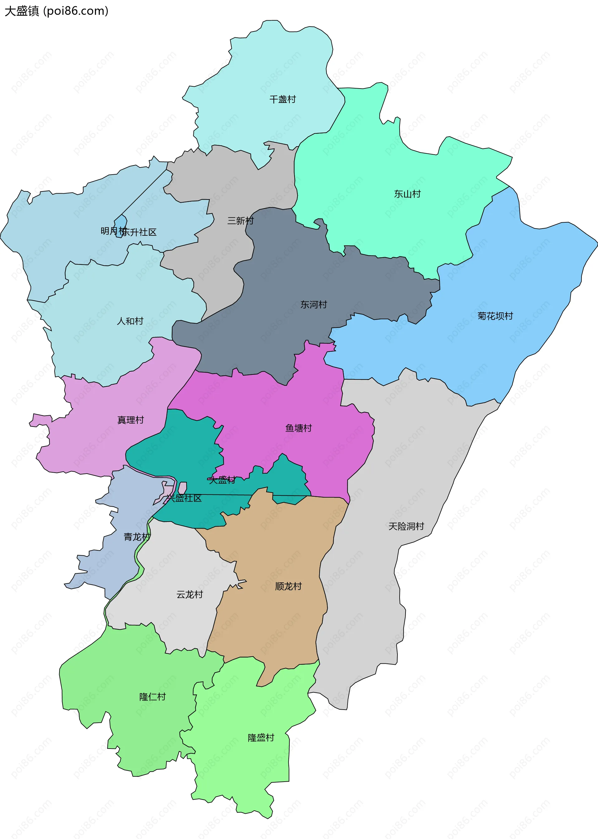 大盛镇边界地图(五级行政区划)