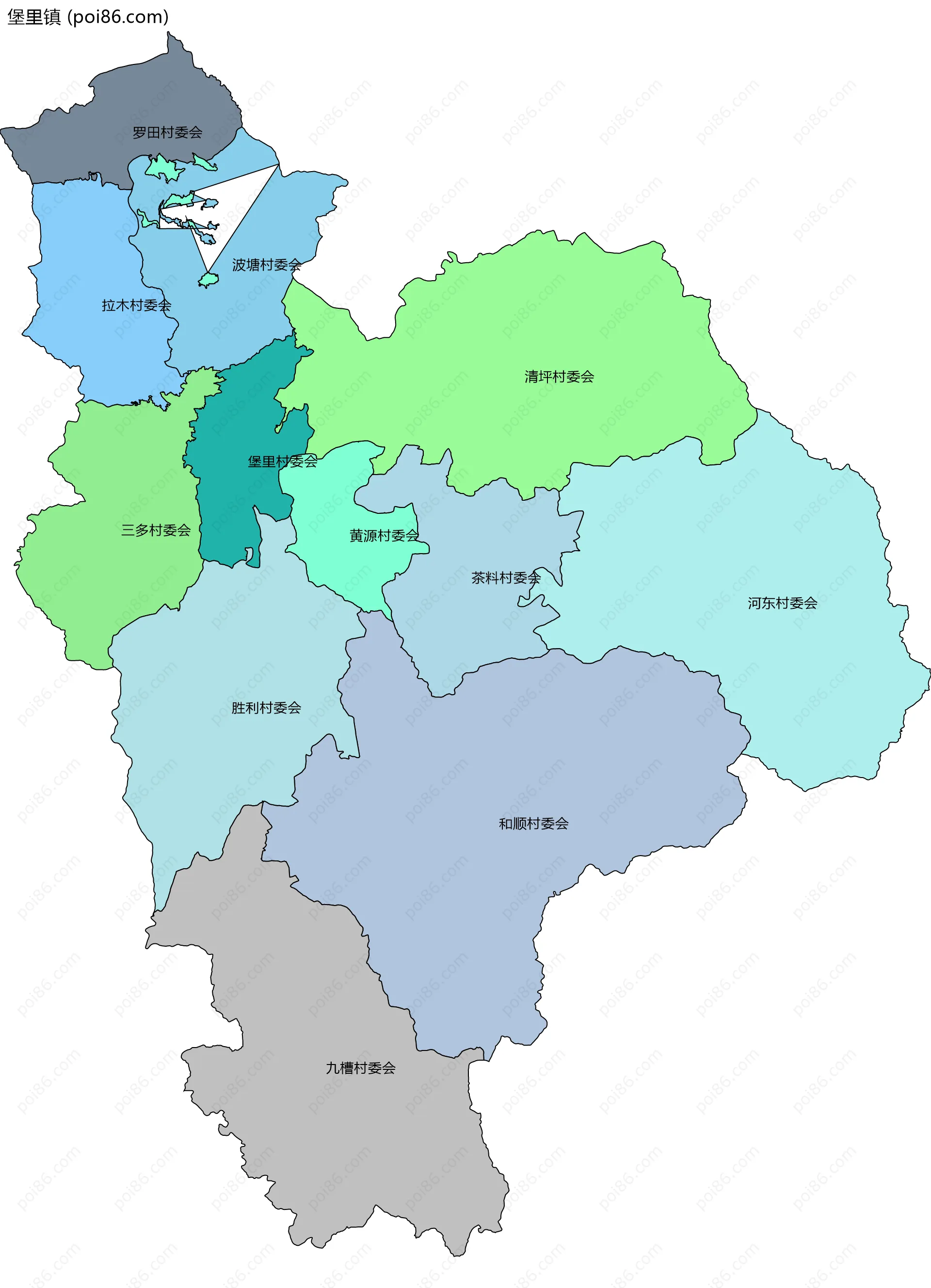 堡里镇边界地图(五级行政区划)