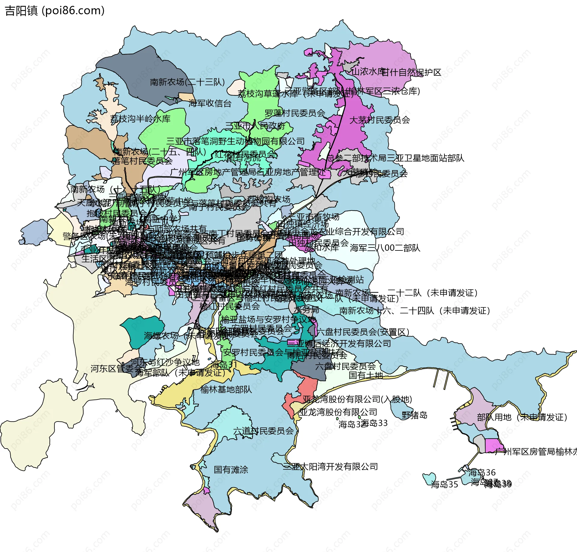 吉阳镇边界地图(五级行政区划)