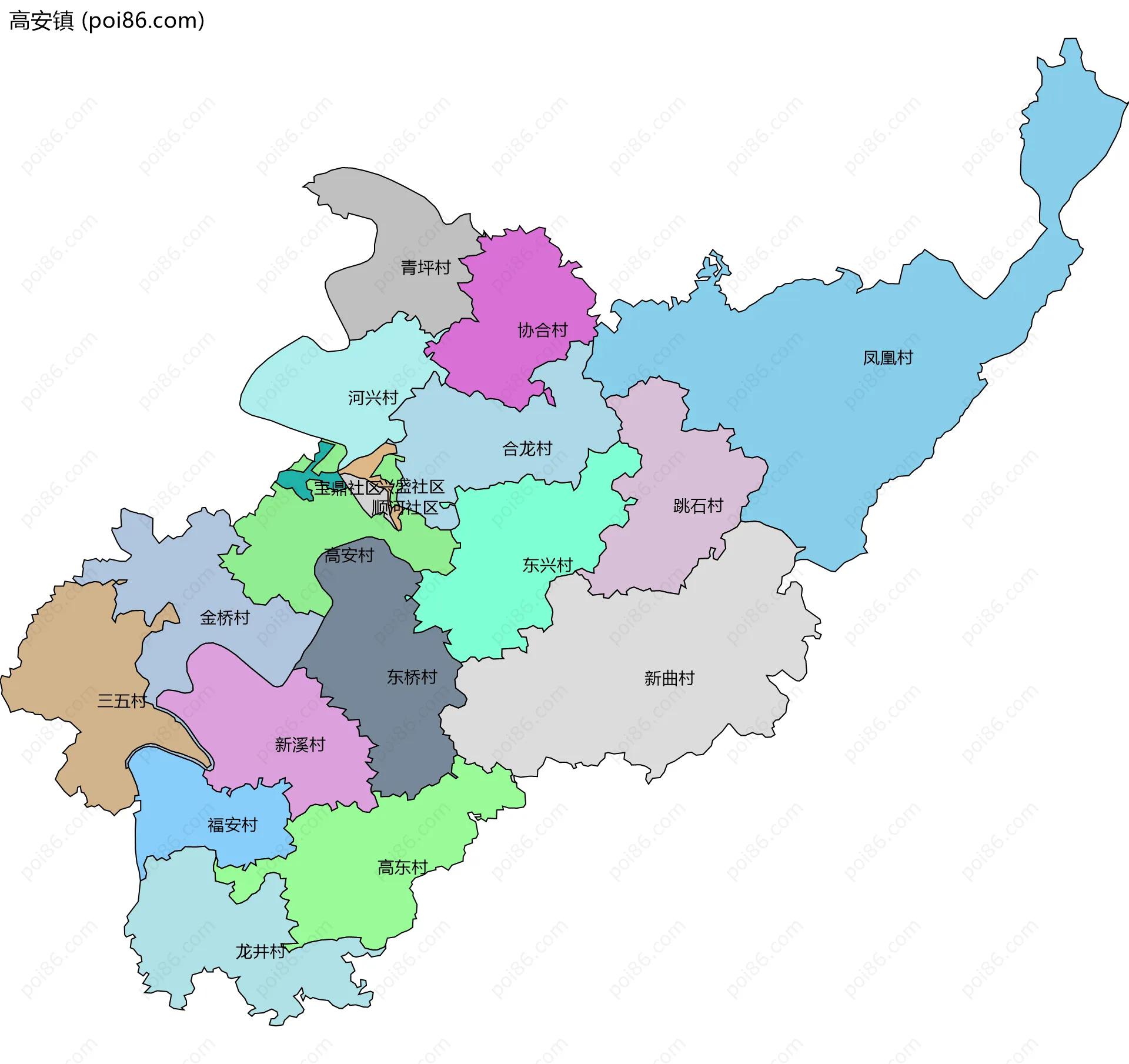 高安镇边界地图(五级行政区划)