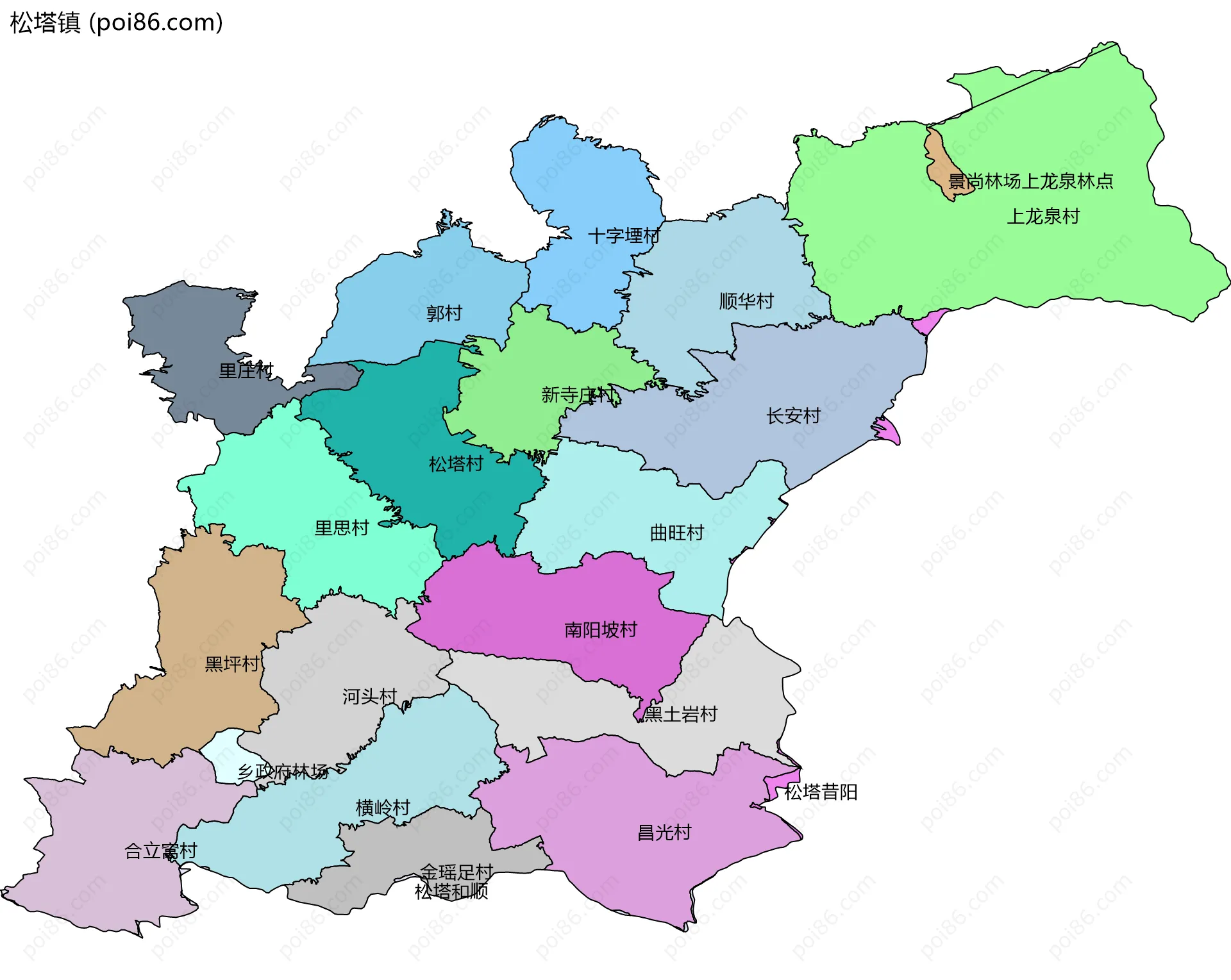 松塔镇边界地图(五级行政区划)