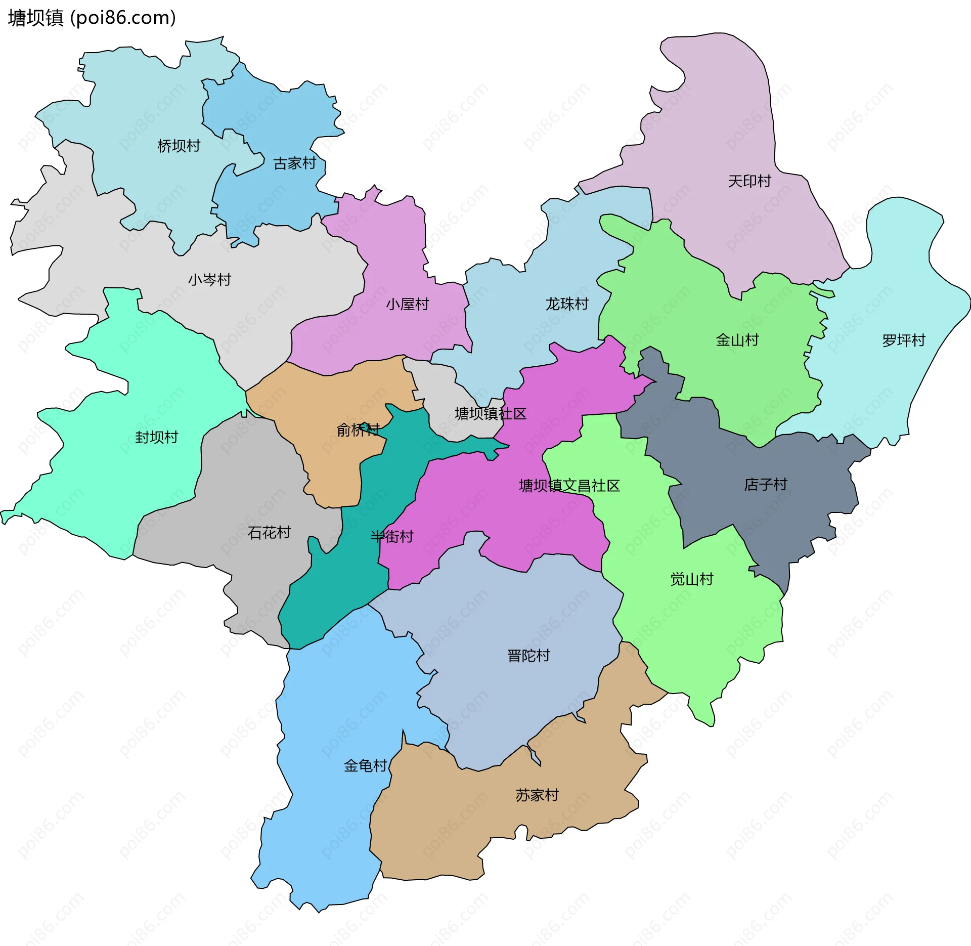 塘坝镇边界地图(五级行政区划)