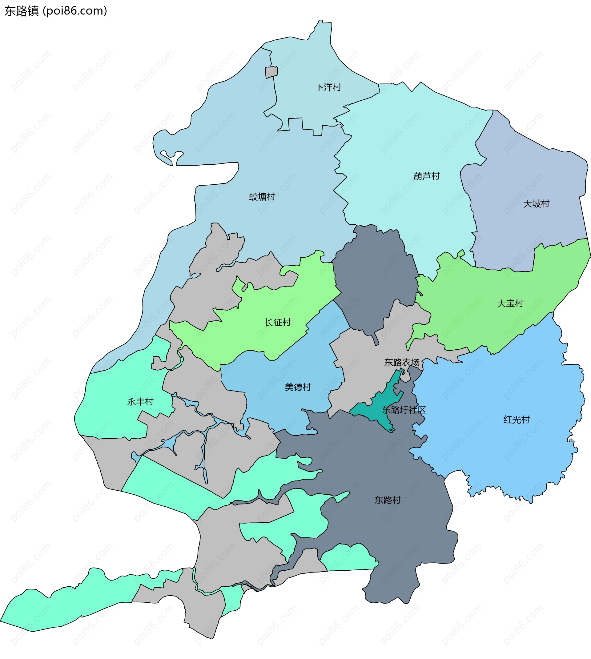 东路镇边界地图(五级行政区划)